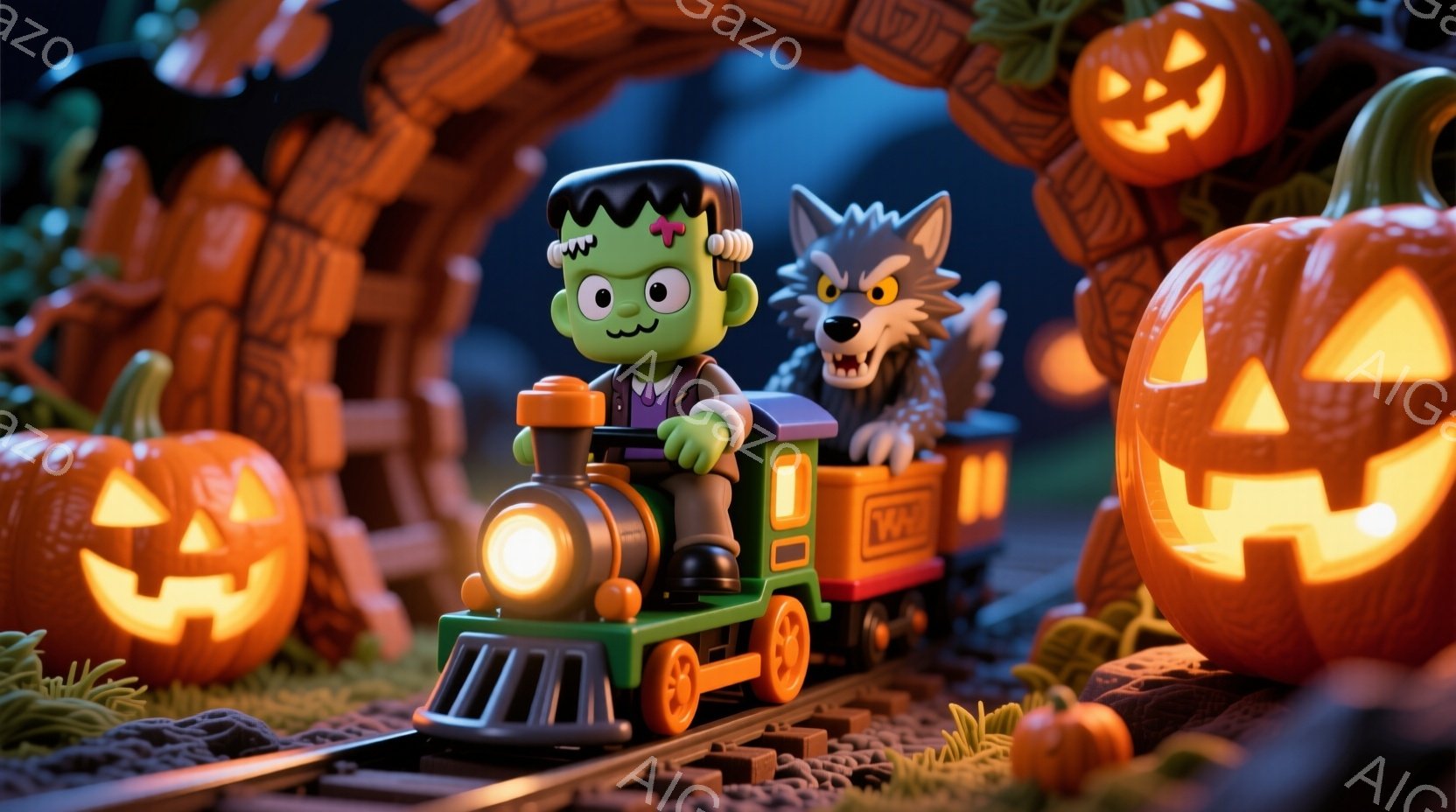 不気味な緑色のフランケンシュタインのモンスターが、小さな緑色の蒸気機関車の運転席に座っており、赤いバンダナを頭に巻いています。彼はにっこりと微笑んでおり、蒸気機関車の助手席には、鋭い歯を見せてうなり声を上げる狼が座っています。背景には、ジャック・オー・ランタンで飾られた鉄道線路が通り、ハロウィーンらしい不気味で楽しい雰囲気を醸し出しています。