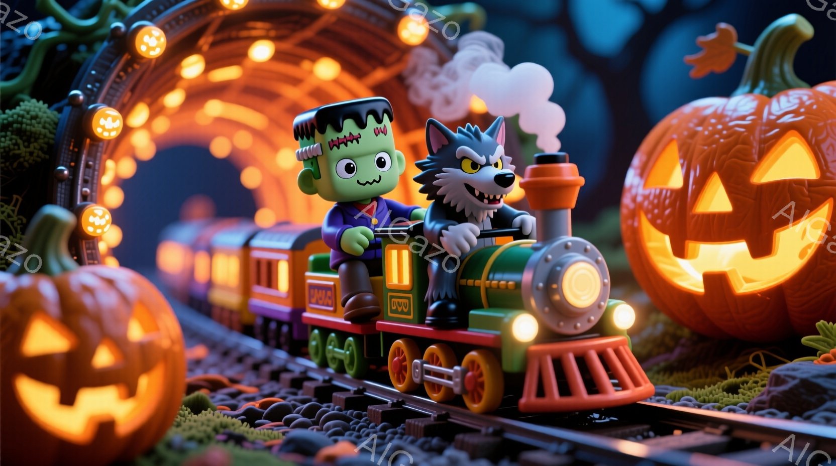 ハロウィーンの装飾で飾られた線路を、フランケンシュタインとオオカミのキャラクターが運転する緑色の列車が走っています。列車はオレンジと茶色の車輪で構成され、線路の周りにはジャック・オー・ランタンが並んで - AI生成フリー素材