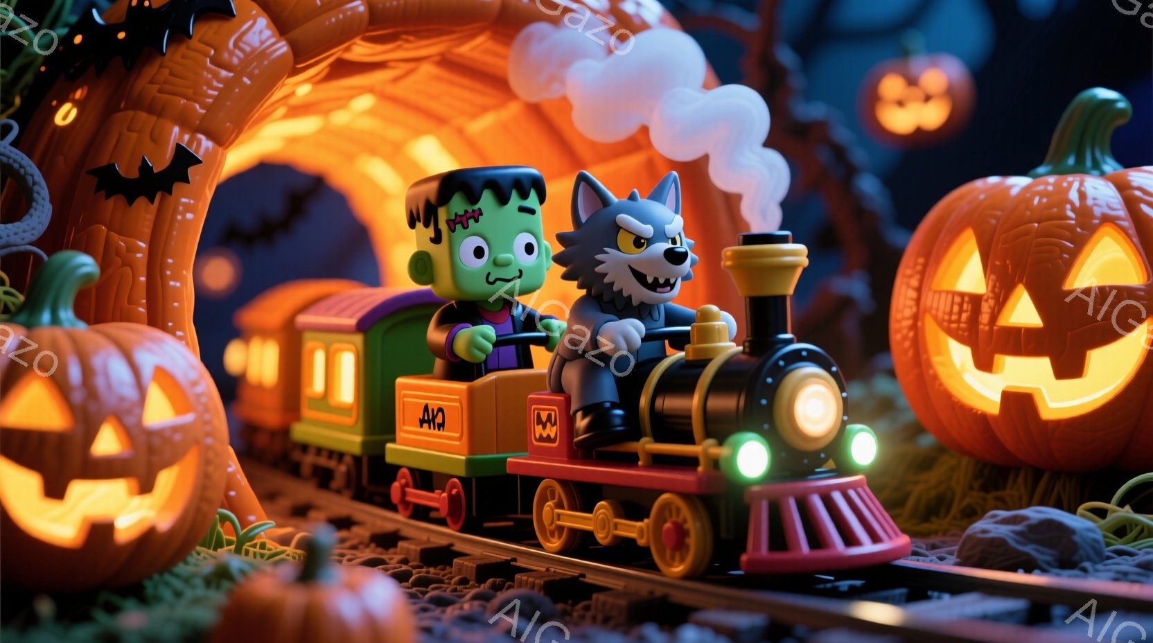 オレンジ色のハロウィーンの背景の中で、フランケンシュタインのモンスターと狼男が、赤と黄色のカラフルな列車を運転しています。フランケンシュタインは緑色の肌とボルトの首を持ち、狼男は灰色の毛並みで、どちら - AI生成フリー素材