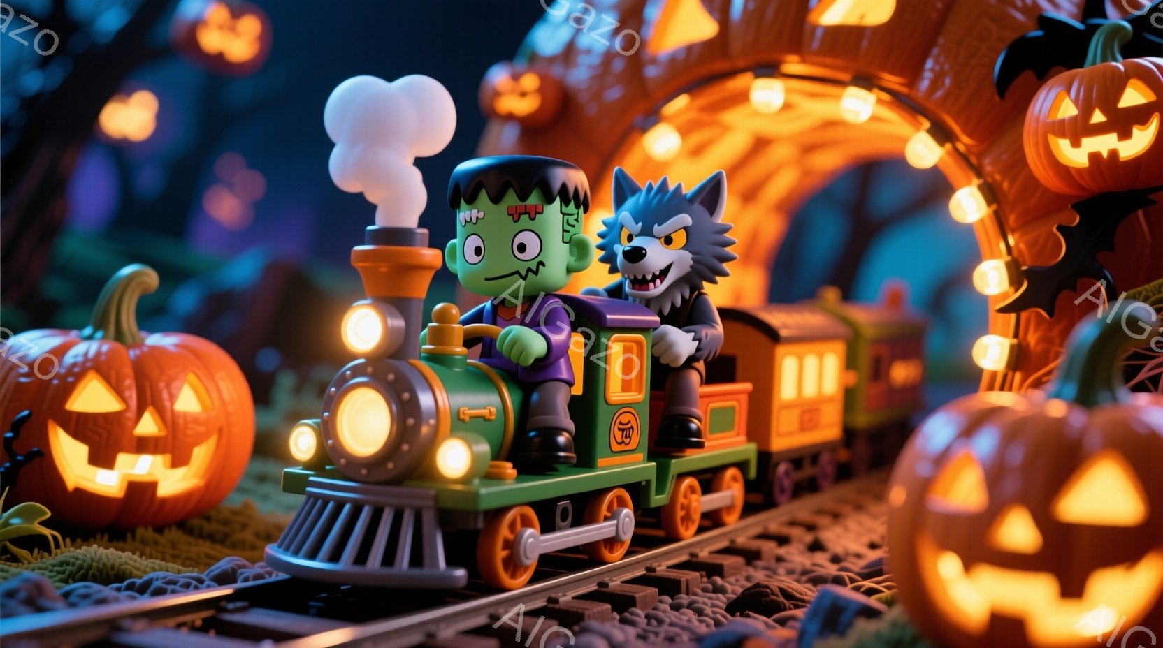 緑色のフランケンシュタインのモンスターが、オレンジ色の蒸気機関車の運転手として描かれ、楽しそうな表情をしています。蒸気機関車の隣には、穏やかな笑顔を浮かべた狼のキャラクターが座っており、周囲にはハロウィーンのランタンが明るく灯っています。背景は暗い森で、蒸気機関車の軌道が敷かれ、全体的に幻想的で楽しい雰囲気を醸し出しています。