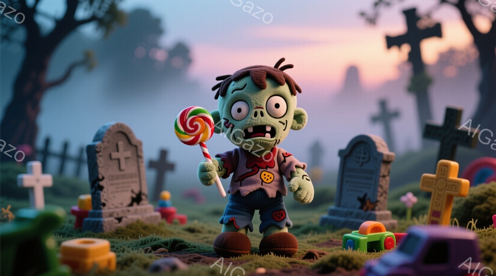 緑色の肌をした、おもちゃのようなゾンビが墓地でキャンディを舐めています。ゾンビはボロボロのネクタイとボタンのついたシャツを着ており、髪はボサボサで、少し間抜けな表情をしています。背景には様々な墓石と緑の芝生、そして薄暗い空が広がり、おとぎ話のような、少し不気味でありながらも可愛らしい雰囲気を醸し出しています。