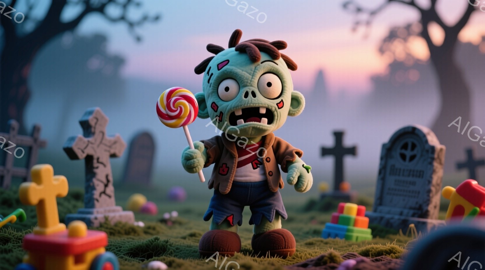 緑色の肌をしたゾンビのようなキャラクターが、ハンサムなデニムジャケットと白いシャツを着て、大きなキャンディを手に持っています。キャラクターは大きな目と、少し不気味な笑顔を浮かべており、おもちゃや墓石が散らばる芝生の上に立っています。背景にはシルエットのような木々と、薄暗い空が広がり、少し不気味ながらも遊び心のある雰囲気が漂っています。