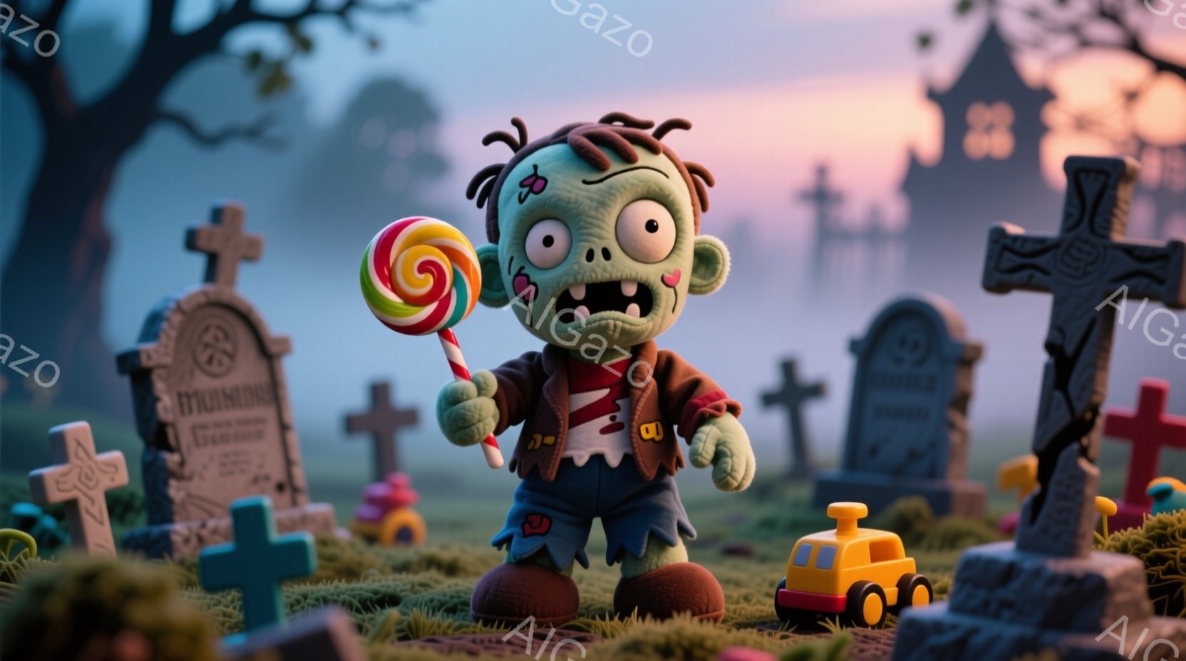 不気味な墓地の前に、キャンディーを持ったゾンビが立っている。緑色の肌、不規則な茶色の髪、そして不気味な笑顔が特徴で、茶色のジャケットと赤いシャツを着ている。背景には、暗いシルエットの建物と墓石が並び、薄暗い空と緑の草が不気味な雰囲気を醸し出している。