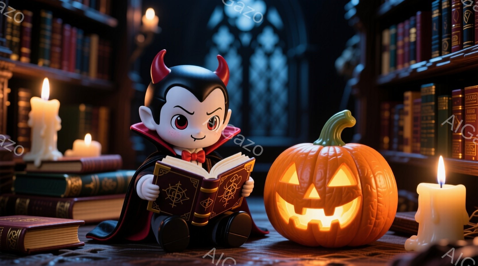 小さなヴァンパイアが、古びた本を熱心に読んでいる様子が描かれています。彼は黒いマントと赤いベストを着ており、頭には小さな角が生えています。背景には積み上げられた古書と、ハロウィーンの象徴であるジャック・オー・ランタンが置かれ、薄暗い照明と蝋燭の光が、神秘的で少し不気味な雰囲気を醸し出しています。