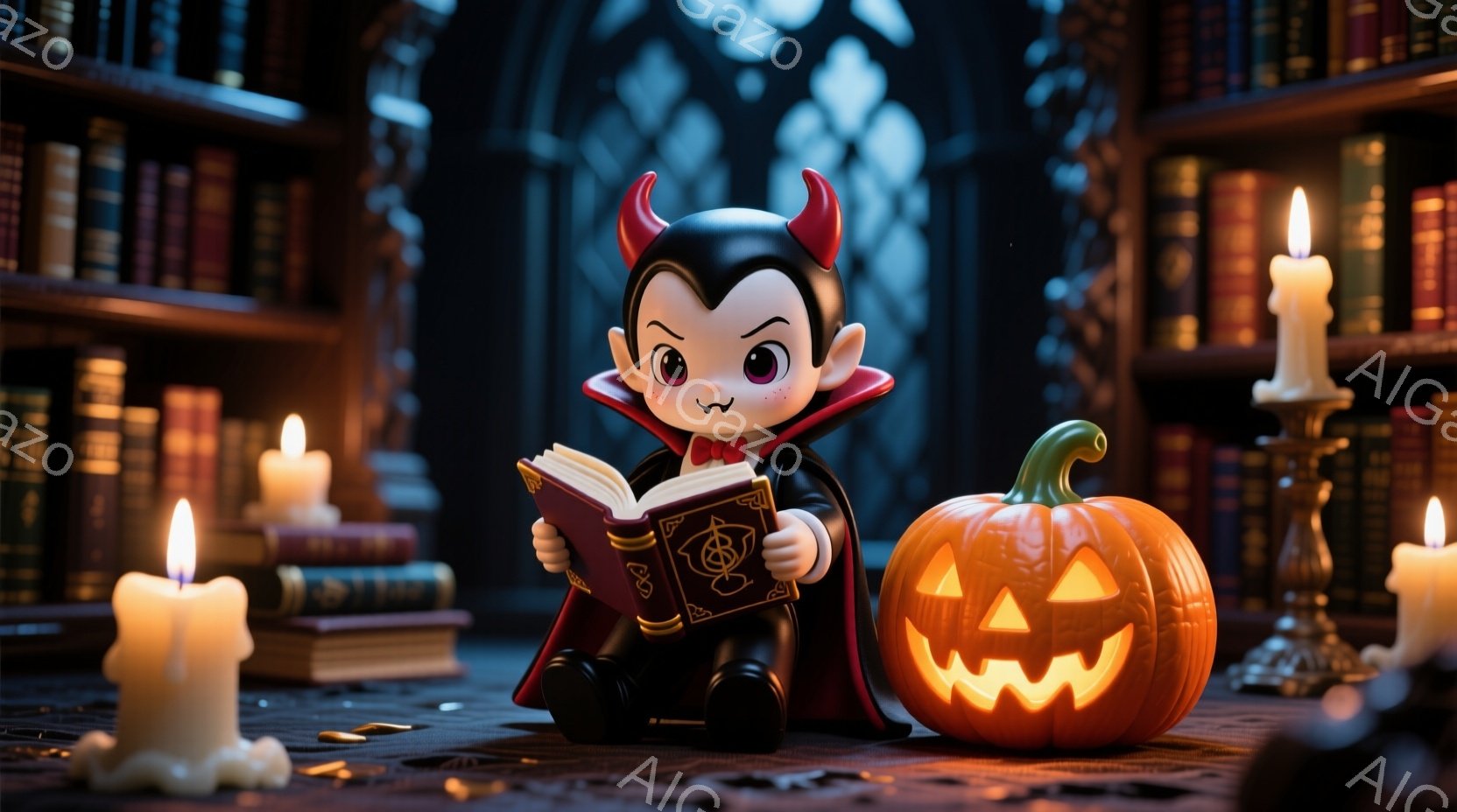 小さな吸血鬼が、赤いローブと黒い服を着て、古書を熱心に読んでいる。彼の髪は黒く、頭には小さな角が生えており、表情は真剣で集中している。背景には、たくさんの本が並んだ本棚と、ハロウィーンの雰囲気を作り出すかぼちゃとロウソクが配置されており、全体的にミステリアスで趣のある雰囲気が漂っている。