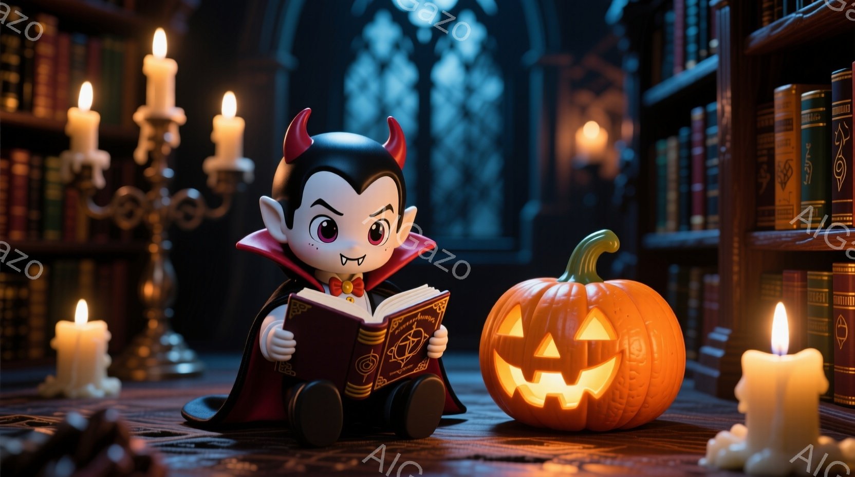 小さな吸血鬼が、古風な装丁の本を熱心に読んでいる姿が描かれている。彼は黒いマントと赤いベストを着ており、整った黒髪には角が生えている。背景には古びた本棚と、ハロウィーンらしいカボチャが灯りを灯し、周囲を照らしている。