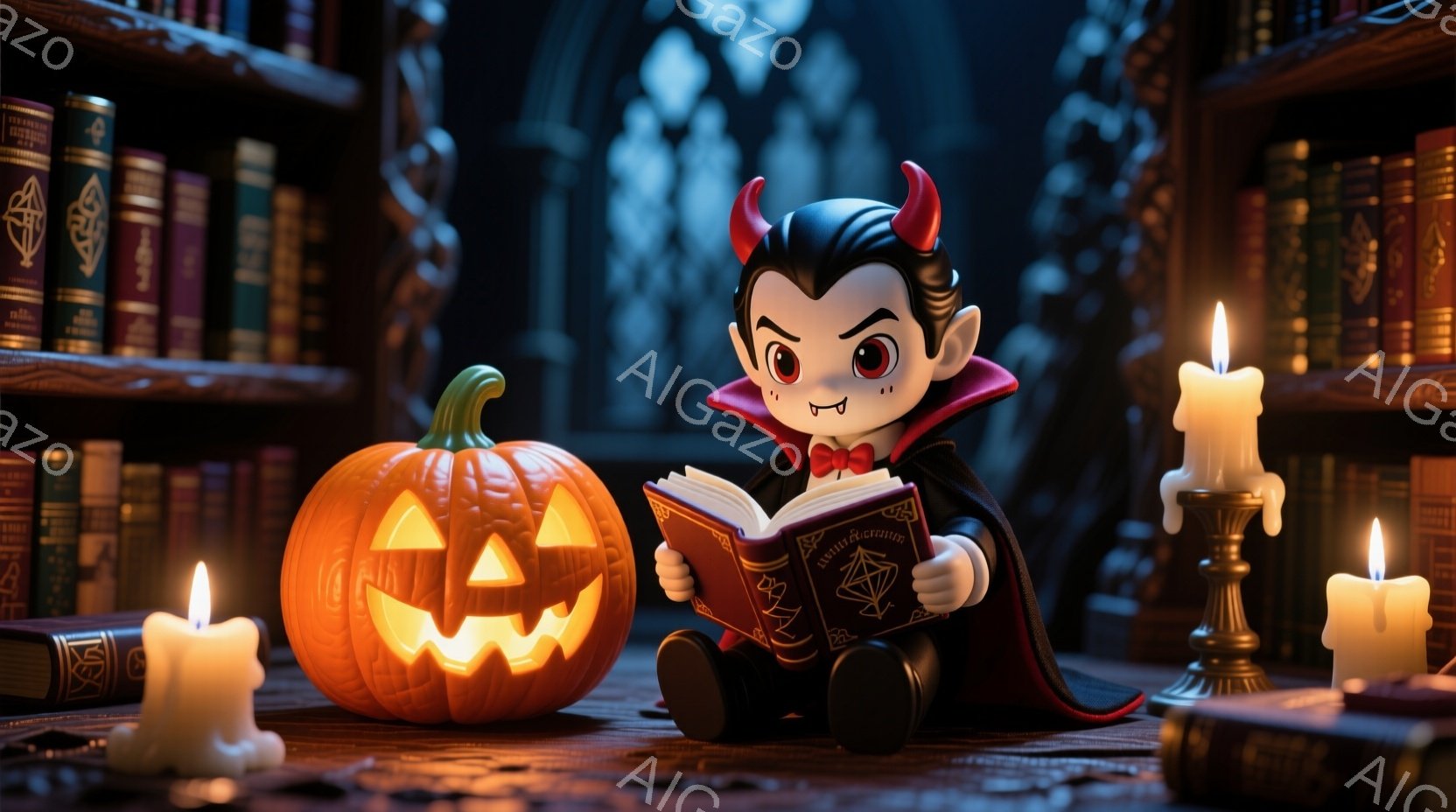 小さなヴァンパイアが、大きなジャック・オー・ランタンの隣で本を読んでいます。彼は黒い衣装と赤いマントを身につけ、整った髪型で、真剣な表情で本に集中しています。背景にはたくさんの本棚と、温かい光を放つキ - AI生成フリー素材