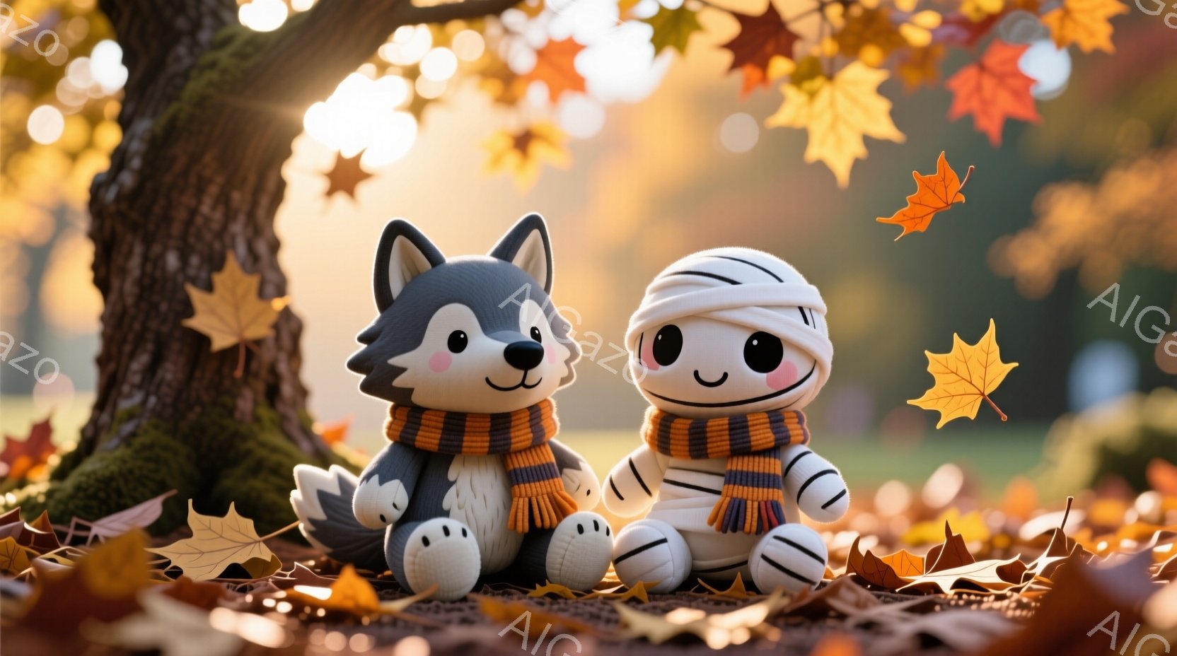 お化けと狼の2体のキャラクターが並んで座っています。2体ともオレンジと茶色のストールを巻いており、お化けは包帯で覆われ、狼は灰色の毛並みと明るい笑顔をしています。背景には、落ち葉が散らばった地面と、ぼやけた木々や光が差し込む空が広がり、秋の穏やかで温かい雰囲気を醸し出しています。