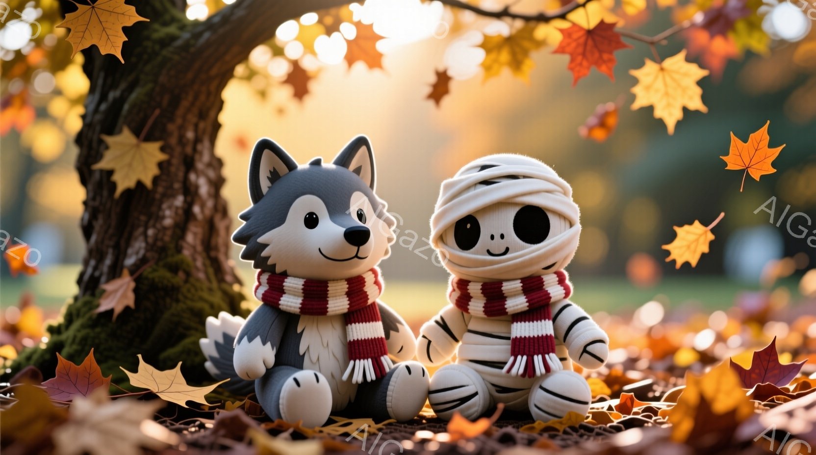 灰色の狼のキャラクターとミイラのキャラクターが、木の根元で並んで座っています。両者とも赤い縞模様のスカーフを巻いており、狼は明るい表情で、ミイラは微笑んでいます。背景には落ち葉が散らばり、木々は秋の色に染まり、暖かく穏やかな雰囲気が漂っています。