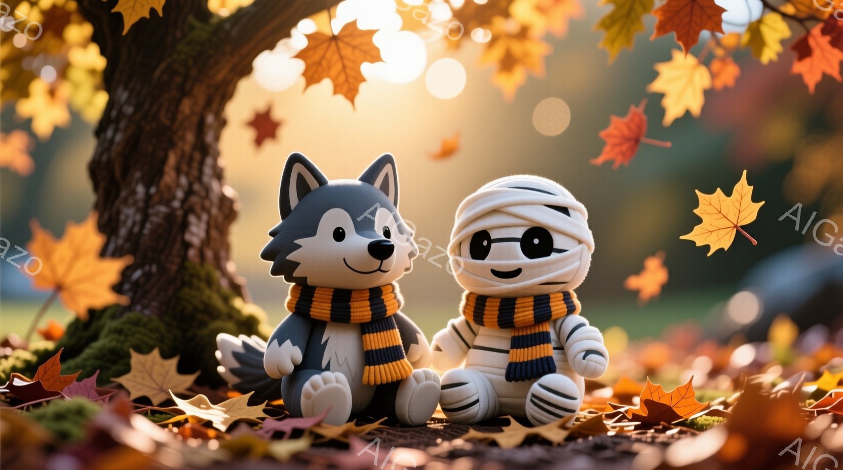 オオカミとミイラ風のキャラクターが、落ち葉の中に座っています。二人はオレンジと白のストールを巻いており、オオカミは明るい笑顔を見せ、ミイラはサングラスをかけています。背景には木々が見え、秋の暖かく穏やかな雰囲気を醸し出しています。