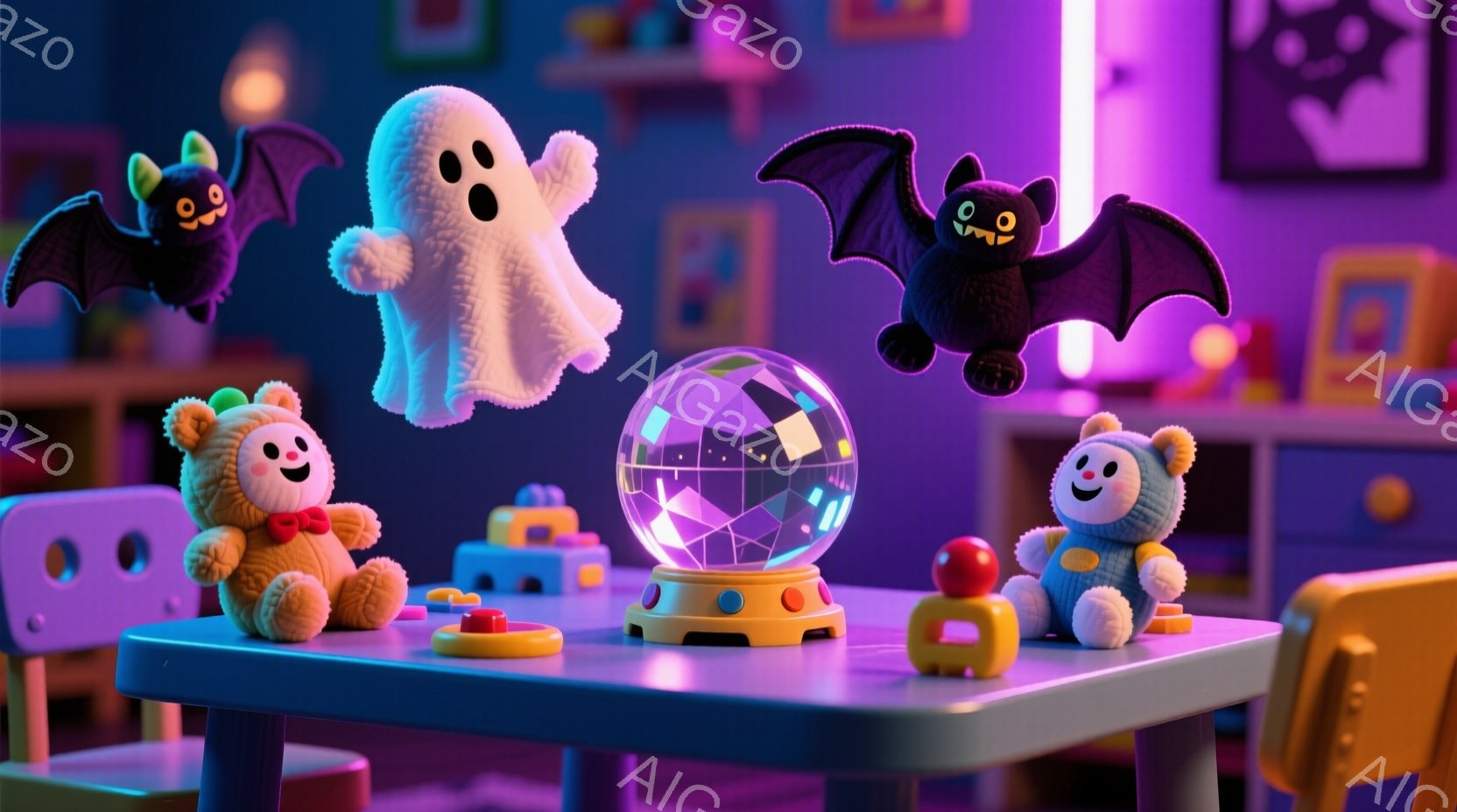 明るい紫色の背景に、おもちゃのテーブルが置かれており、可愛らしいテディベア2体、お化け、コウモリのおもちゃが飾られています。テーブルの上には、光るボールが置かれており、遊び心あふれるハロウィーンの雰囲気を演出しています。全体的にパステルカラーで統一されており、子供部屋のような温かく、夢のような空間が表現されています。