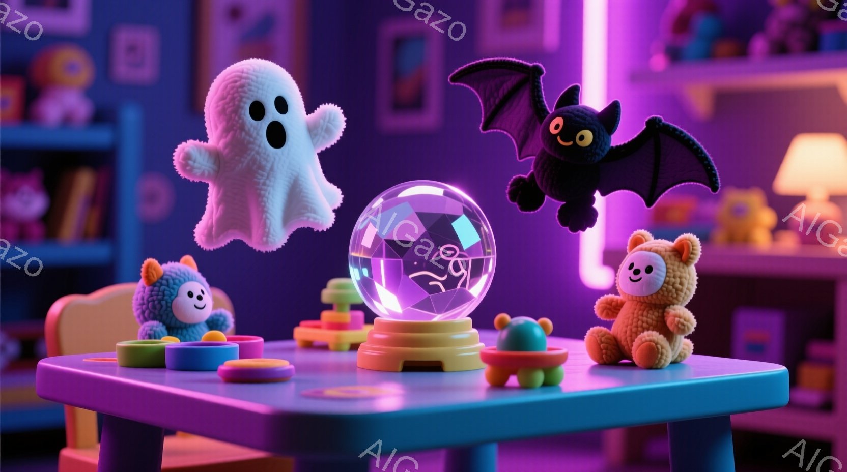 明るい青色のテーブルの上に、可愛らしいおもちゃたちが並んでいる。幽霊、コウモリ、クマのぬいぐるみ、カラフルな積み木などが配置され、中央には光る水晶玉があり、その中にシルエットのようなものが浮かんでいる。背景には本棚や間接照明が見え、ハロウィーンのような楽しい雰囲気を醸し出している。