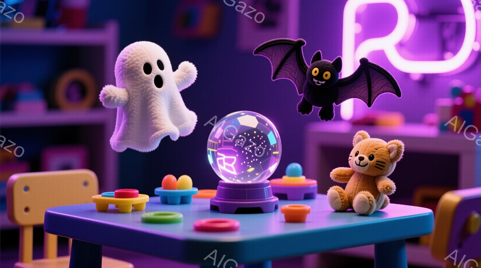 明るい青色のテーブルの上に、おもちゃの積み木や可愛らしいテディベアが置かれています。テーブルの上には光るクリスタルボールがあり、その周りを幽霊とコウモリのおもちゃが飛び交っています。背景にはおもちゃが並んだ棚があり、全体的に明るく楽しいハロウィンの雰囲気を醸し出しています。