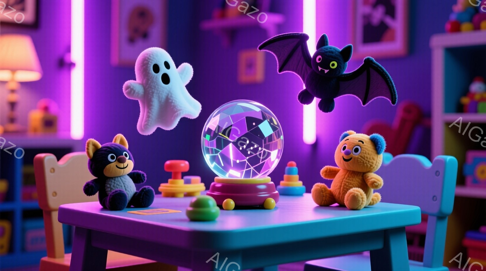 明るい青色のテーブルの上には、可愛らしいおもちゃたちが並んでいます。ふわふわの白い幽霊、黒いコウモリ、そして2匹のテディベアが、光るクリスタルの球体の周りに浮かんでいます。背景にはおもちゃが並んだ棚があり、全体的に遊び心にあふれ、夢のような雰囲気を醸し出しています。