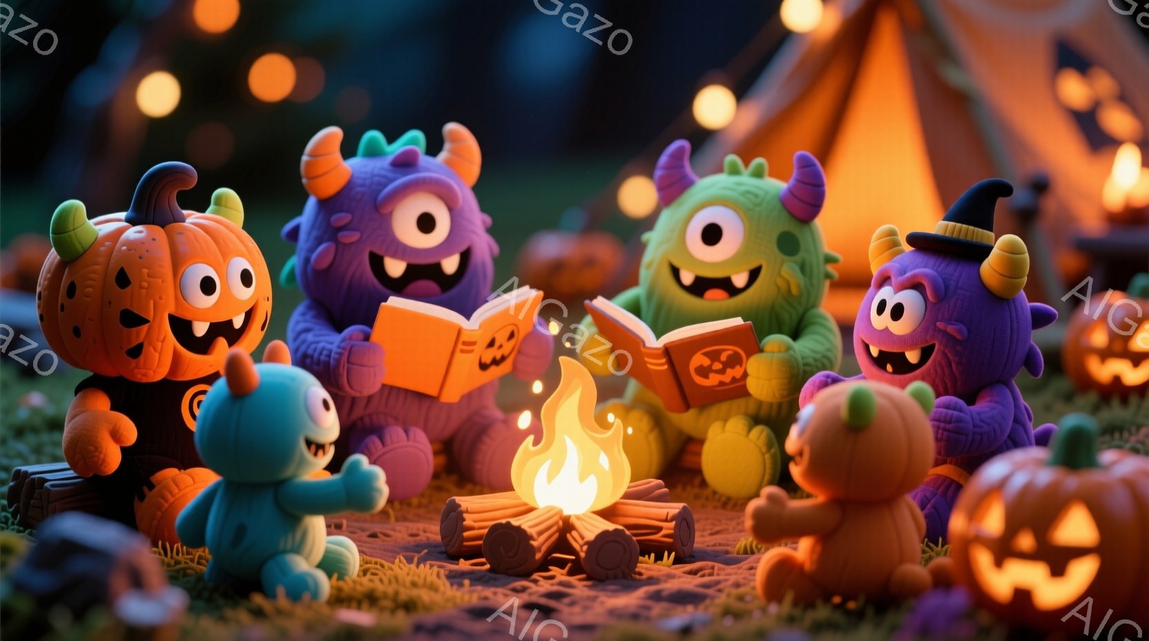ハロウィーンをテーマにした可愛らしいモンスターたちが、キャンプファイヤーを囲んで楽しんでいます。紫、オレンジ、水色のモンスターたちは、それぞれ本を読んだり、ギターを弾いたり、ただ座ってリラックスしたりしており、表情も楽しげです。背景には、ハロウィーンカボチャやテント、そして温かい光が散りばめられており、温かく、楽しい雰囲気を醸し出しています。