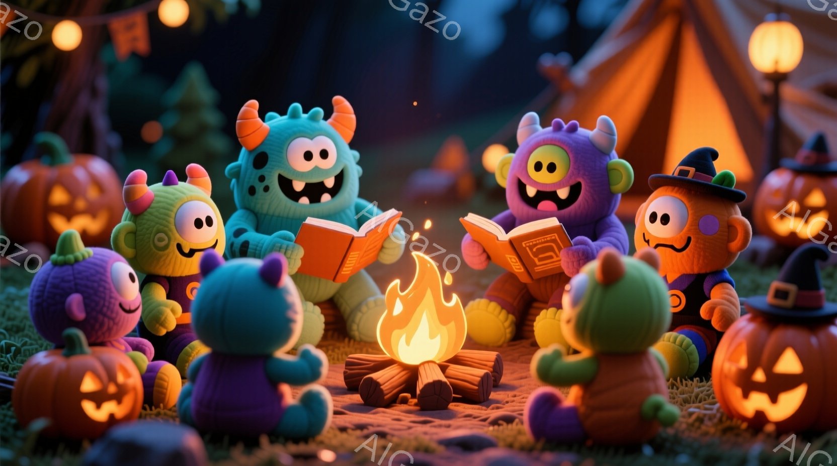 鮮やかな色彩のモンスターたちが、キャンプファイヤーを囲んで本を読んでいます。彼らはそれぞれ異なる色の服を着ており、紫、青、オレンジ、ピンクのモンスターが楽しそうに座っています。背景には、ハロウィーンを象徴するカボチャやテント、そして点灯したランタンが見え、全体的に温かく、お祭り気分を盛り上げるような雰囲気です。