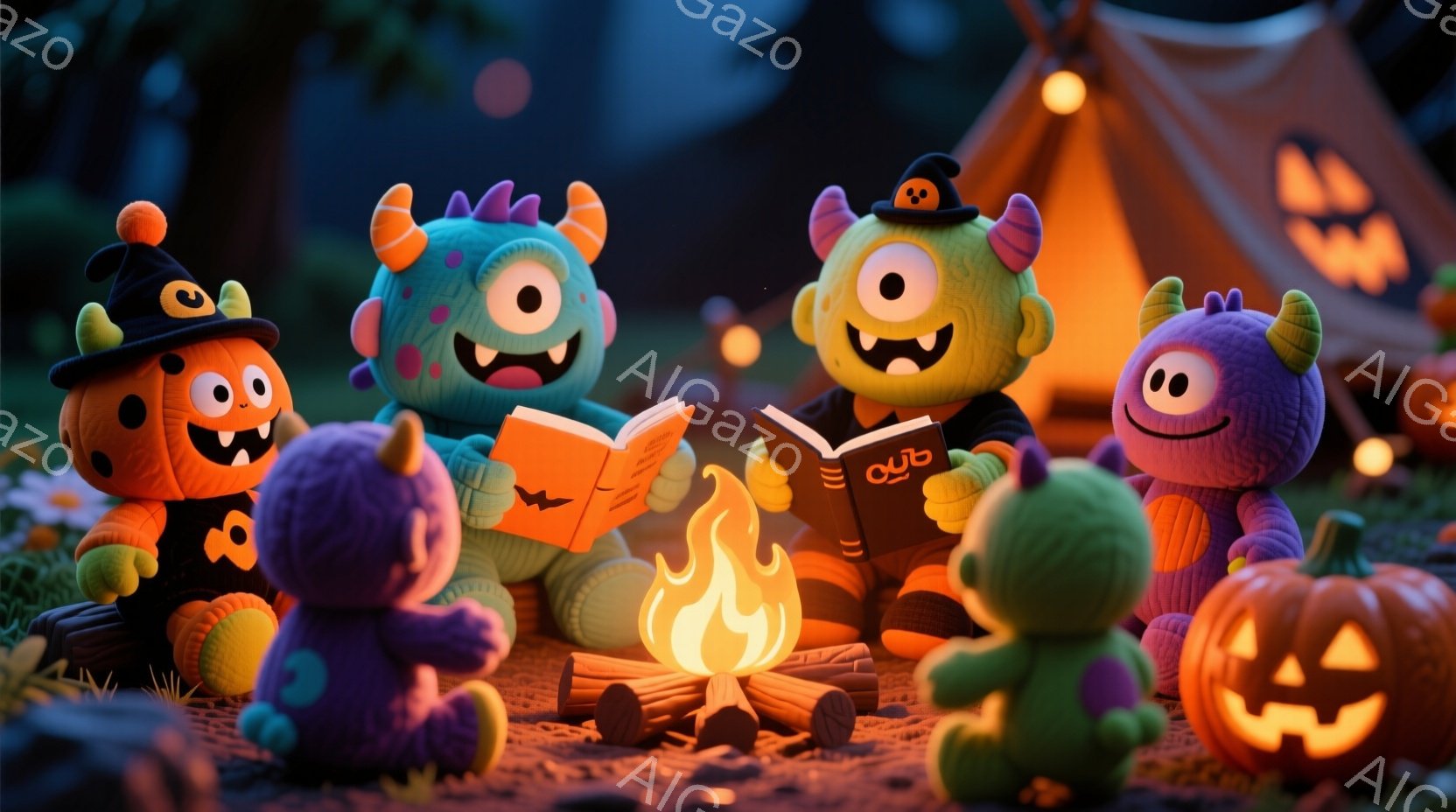 オレンジ、紫、緑、青色の愛らしいモンスターたちが、キャンプファイヤーを囲んで本を読んでいます。彼らはそれぞれ異なる服装をしていますが、みんな笑顔で楽しんでいる様子です。背景には、ハロウィーンの装飾であるカボチャやテントがあり、秋の夜の温かく楽しい雰囲気を醸し出しています。