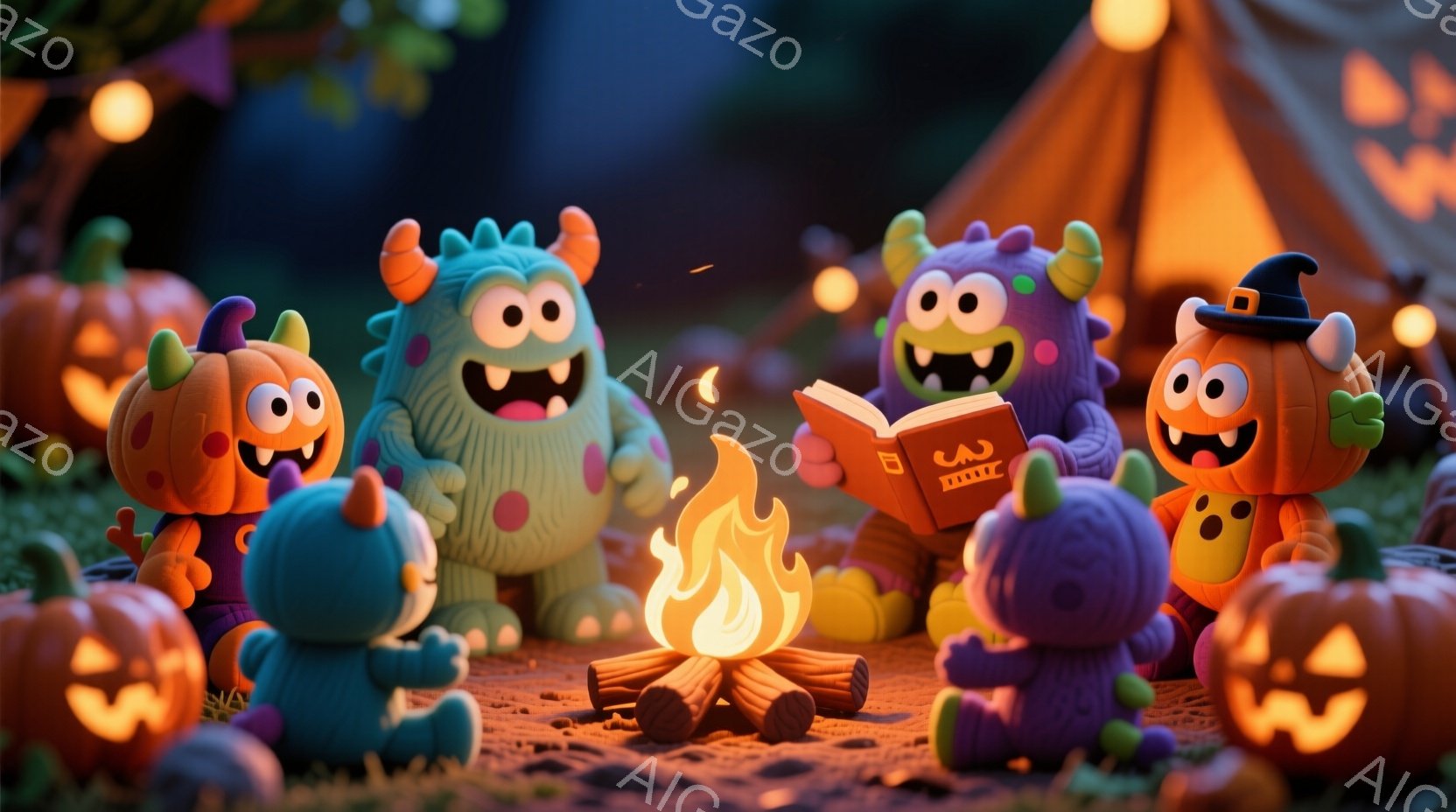 明るいオレンジ色のハロウィンカボチャと、紫や水色の愛らしいモンスターたちが焚き火を囲んで楽しんでいます。紫色のモンスターの一人は本を読んでおり、他のモンスターたちはリラックスした表情で周囲のカボチャを見つめています。背景には木々が生い茂り、夜空には三日月が輝き、暖かく幻想的な雰囲気を醸し出しています。