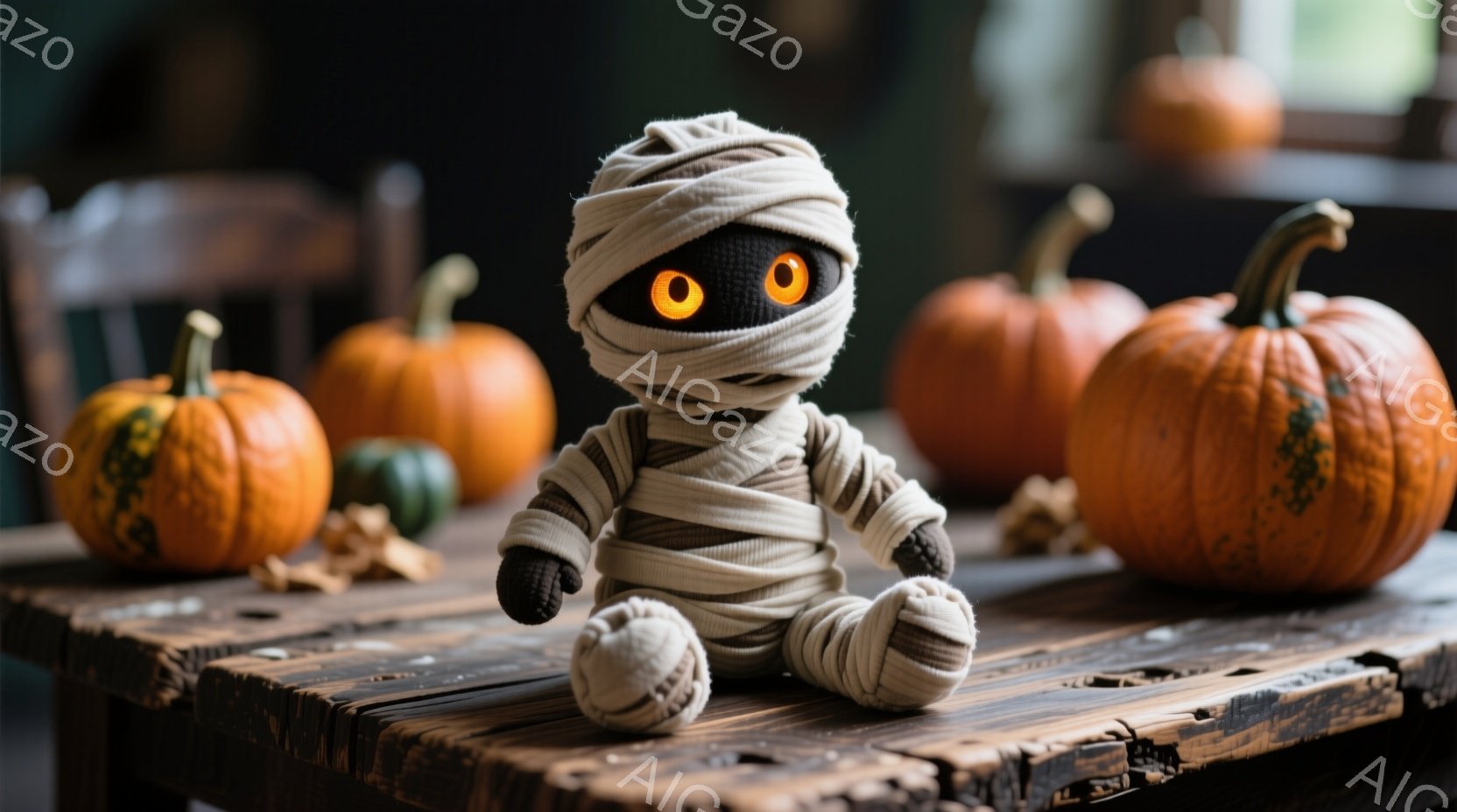 不気味なハロウィーンの雰囲気の中で、包帯で覆われた可愛らしいミイラの人形が木のテーブルに座っています。人形は丸い黒い瞳で、優しく見つめており、小さな手足は包帯で覆われています。背景には様々な形のオレン - AI生成フリー素材