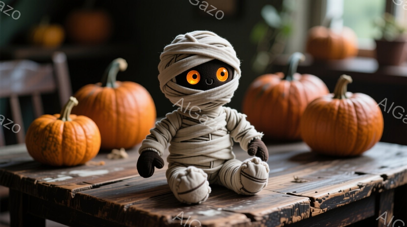 古びた木製のテーブルの上に、包帯でぐるぐる巻きにされたミイラのようなぬいぐるみが座っています。その目は明るいオレンジ色に光り、少し不気味でありながらも可愛らしい印象を与えます。背景にはハロウィンの象徴である複数のカボチャが配置され、全体的に秋の雰囲気とミステリアスなハロウィンの雰囲気を醸し出しています。