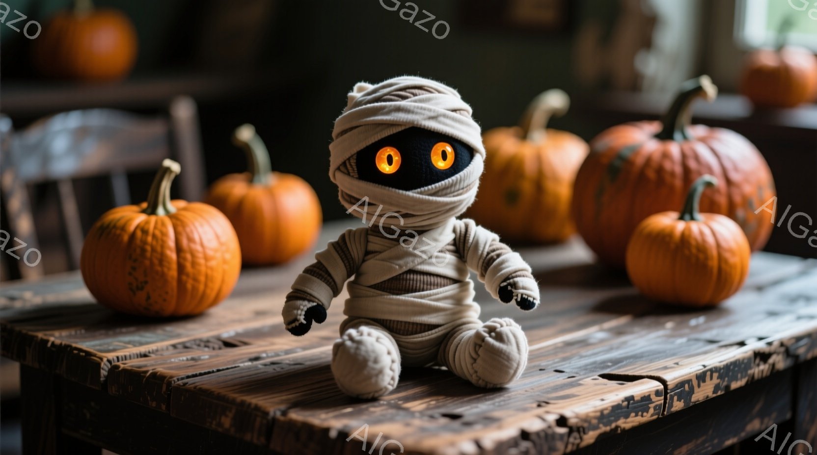彫刻のようなミイラのおもちゃが、木製のテーブルの上に座っています。おもちゃは白く包帯で覆われ、黒い目玉が印象的です。背景には様々な大きさのオレンジ色のカボチャが並べられ、ハロウィーンの雰囲気を醸し出しています。