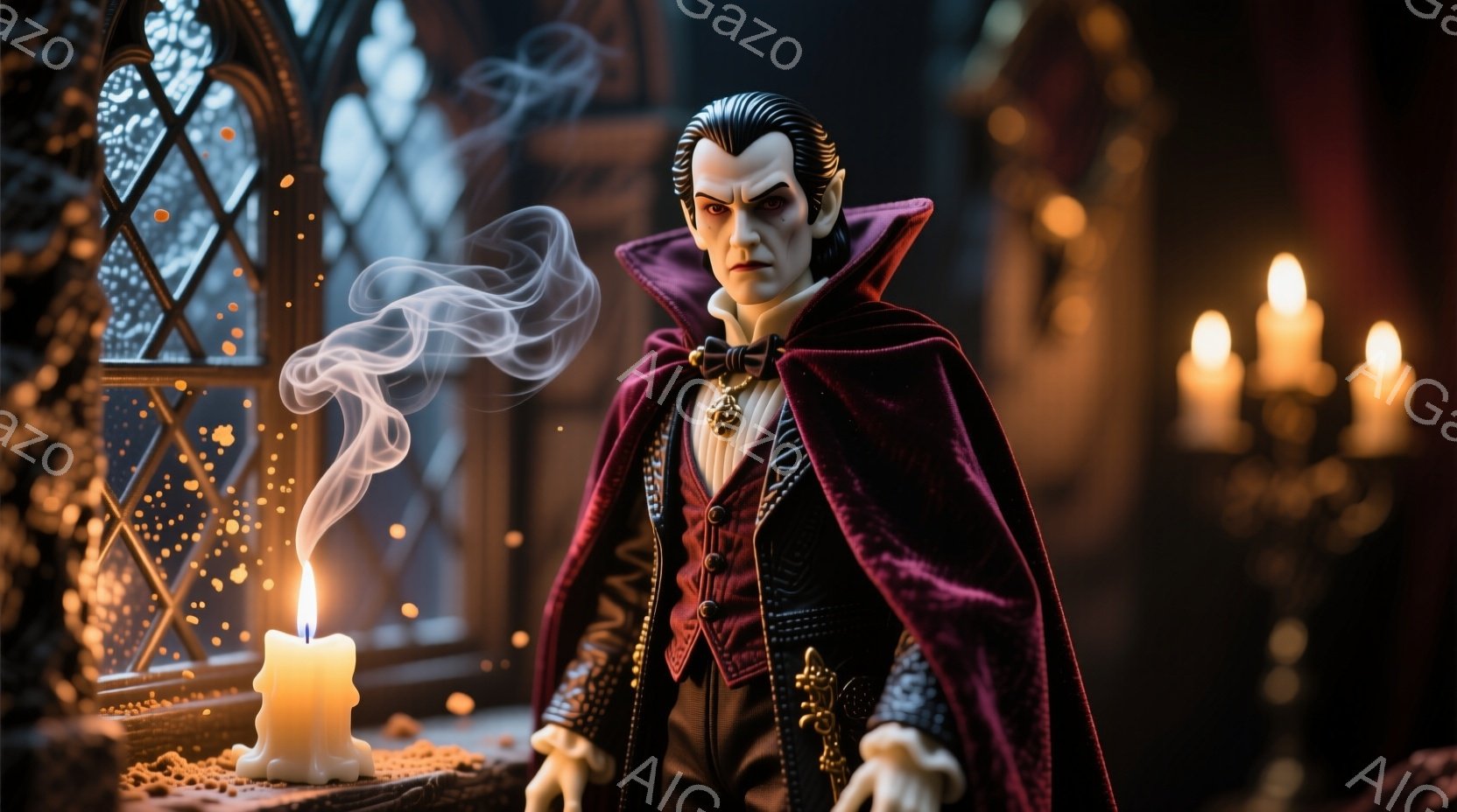 深紅のケープと黒い燕尾服を着た男性が、窓辺に立っている。彼の髪型は整っており、顔つきは冷たく、どこか憂いを帯びている。背後には、ぼんやりと光る蝋燭と、ステンドグラスの窓が見え、不気味で神秘的な雰囲気を醸し出している。