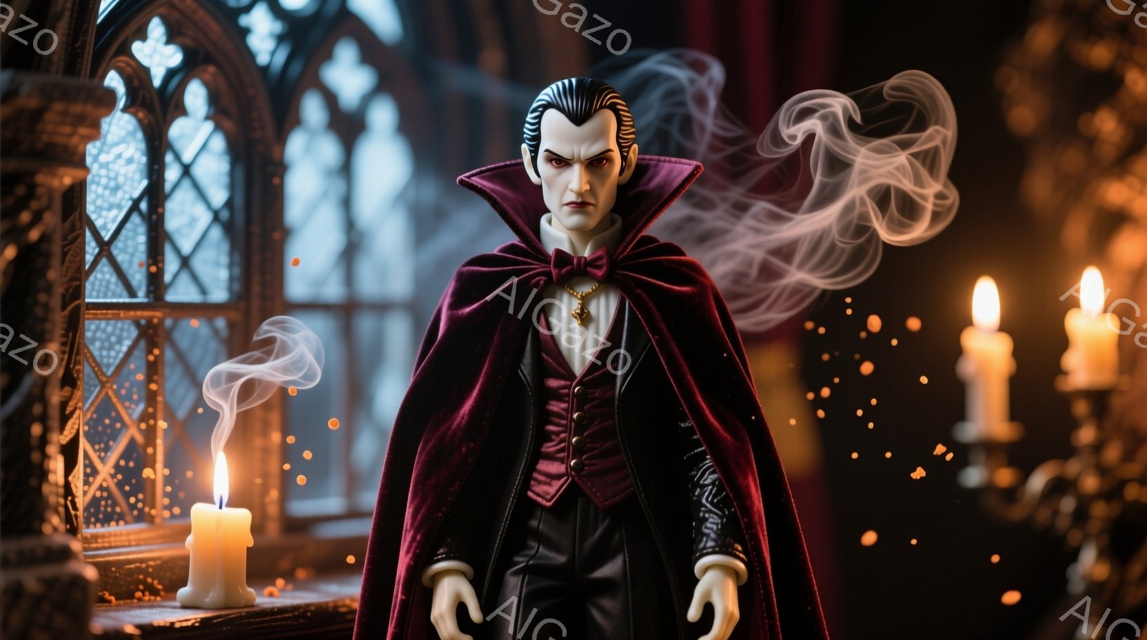 深紅のケープと黒いスーツを身につけた男性が、まるで吸血鬼のような姿で立っている。彼は整った髪型と鋭い眼差しを持ち、どこか冷たい雰囲気を漂わせている。背景にはステンドグラスの窓とロウソクの光が灯り、神秘的で薄気味悪い雰囲気を醸し出している。