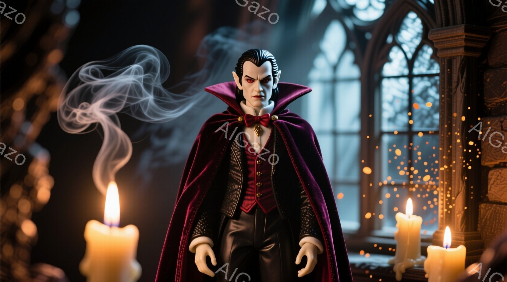 深い赤色のケープと黒いスーツを着た男性が、薄暗い部屋に立っている。彼は整った髪型と鋭い目つきを持ち、どこか冷たい表情をしている。背景にはステンドグラスの窓と揺らめくロウソクがあり、神秘的で不気味な雰囲気を醸し出している。