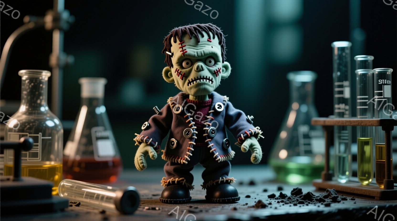 不気味なフランケンシュタインのモンスターが、縫い目のついた顔と緑色の肌で描かれています。彼はボタンのついたダークブルーのジャケットと黒いブーツを着ており、少し不機嫌そうな表情をしています。背景には、試 - AI生成フリー素材