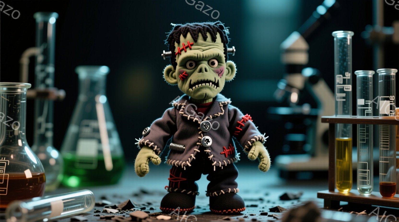 縫い目のある青いフランケンシュタインのモンスターの人形が中央に配置されています。人形は、ボタンで留められた黒い襟と、乱雑にスタイリングされた黒髪が特徴で、やや憂鬱な表情をしています。背景には実験器具や - AI生成フリー素材