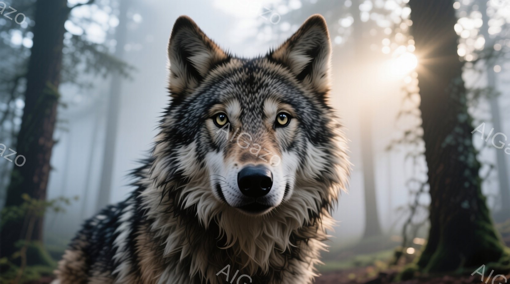 鬱蒼とした森の中で、堂々としたオオカミがこちらを見つめている。毛並みは灰色と茶色の混ざり合い、顔つきは鋭く、力強い印象を与える。背景は霧に包まれ、木々の間から差し込む光が神秘的な雰囲気を醸し出している。