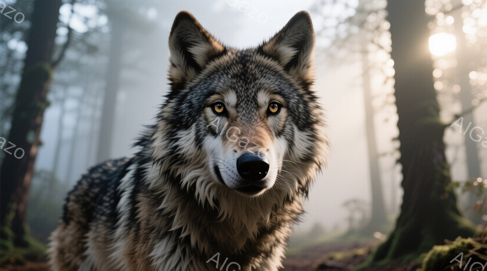 灰色の毛並みを持つオオカミが、森の中で正面を見据えています。その瞳は金色に輝き、毛並みは白、黒、灰色の複雑な模様で覆われています。背景は霧に包まれた森林で、木々の間から差し込む光が幻想的な雰囲気を醸し出しています。