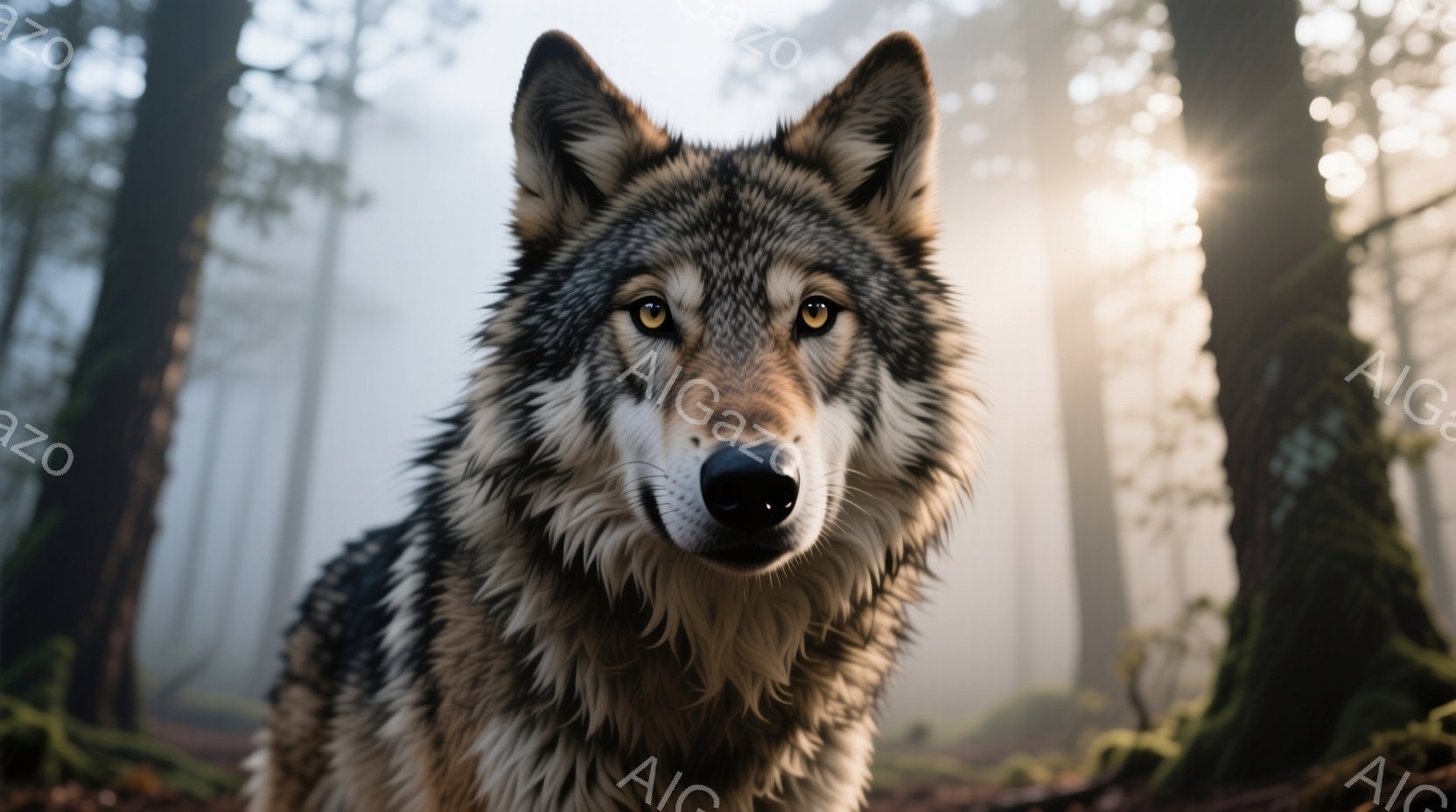 灰色の毛並みのオオカミが、木の間に薄暗い森の中で正面を見据えています。その目は鋭く、力強い輝きを放ち、周囲の湿った自然を捉えています。背景は霧に包まれた木々で、柔らかい光が差し込み、神秘的で野生的な雰囲気を醸し出しています。