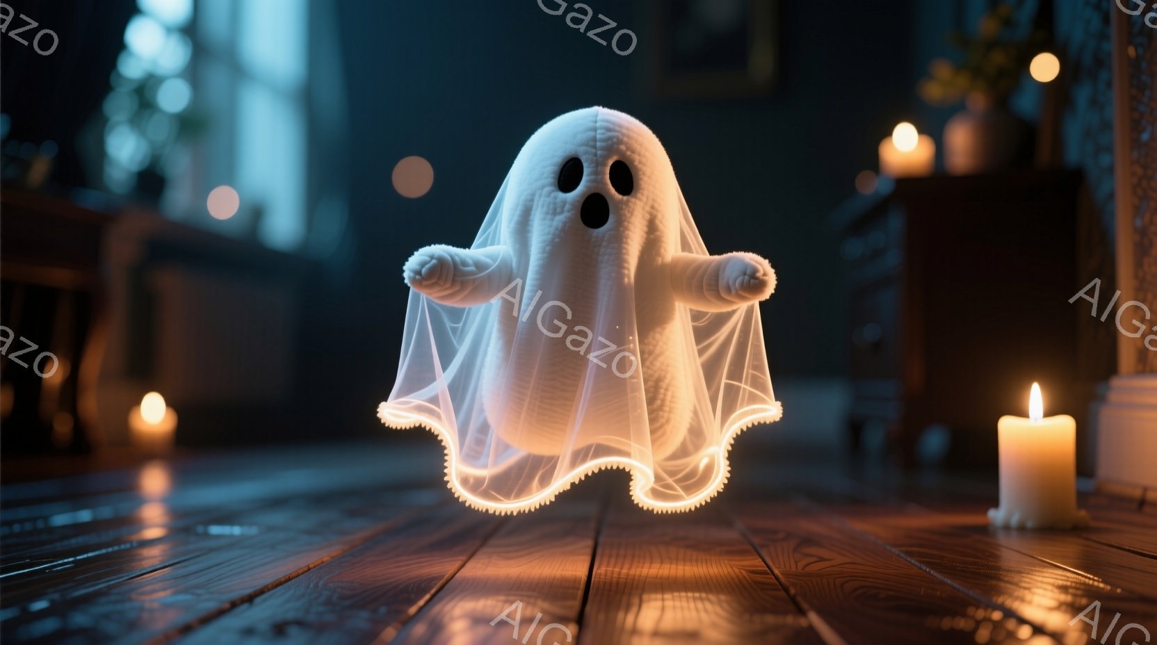 ぼんやりとした白い幽霊が、ぼやけた輪郭を持つ布で覆われている。その幽霊は木製の床の上に浮かんでおり、周囲には薄暗い光を放つロウソクが配置されている。背景は暗く、ぼやけた家具と窓が見え、全体的に不気味で幻想的な雰囲気を醸し出している。