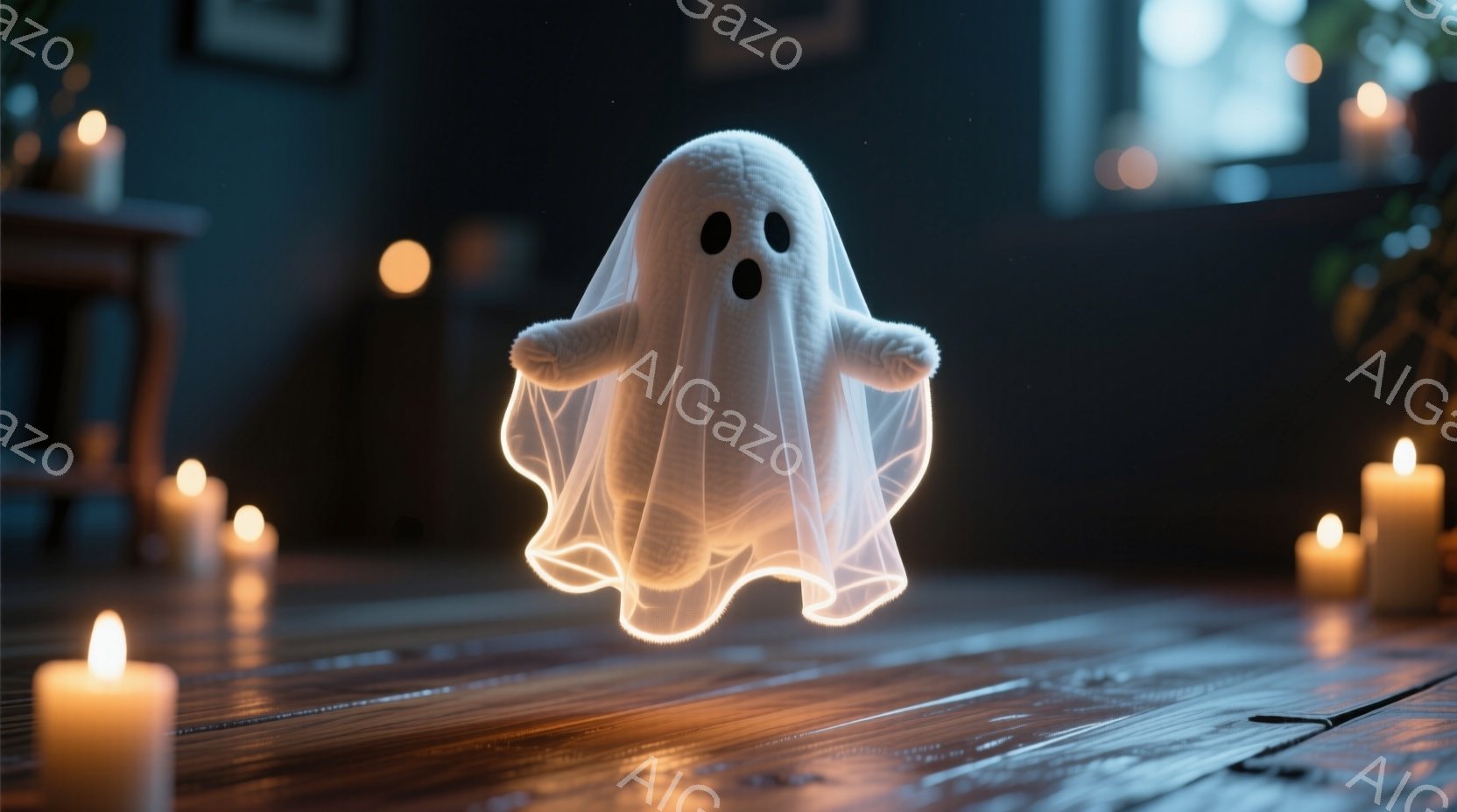 部屋の中央で、光を帯びた白い幽霊のような姿が浮遊している。幽霊は丸みを帯びた形をしており、黒い目と口が描かれている。周囲には、床に置かれた複数のロウソクが灯っており、薄暗く神秘的な雰囲気を醸し出している。