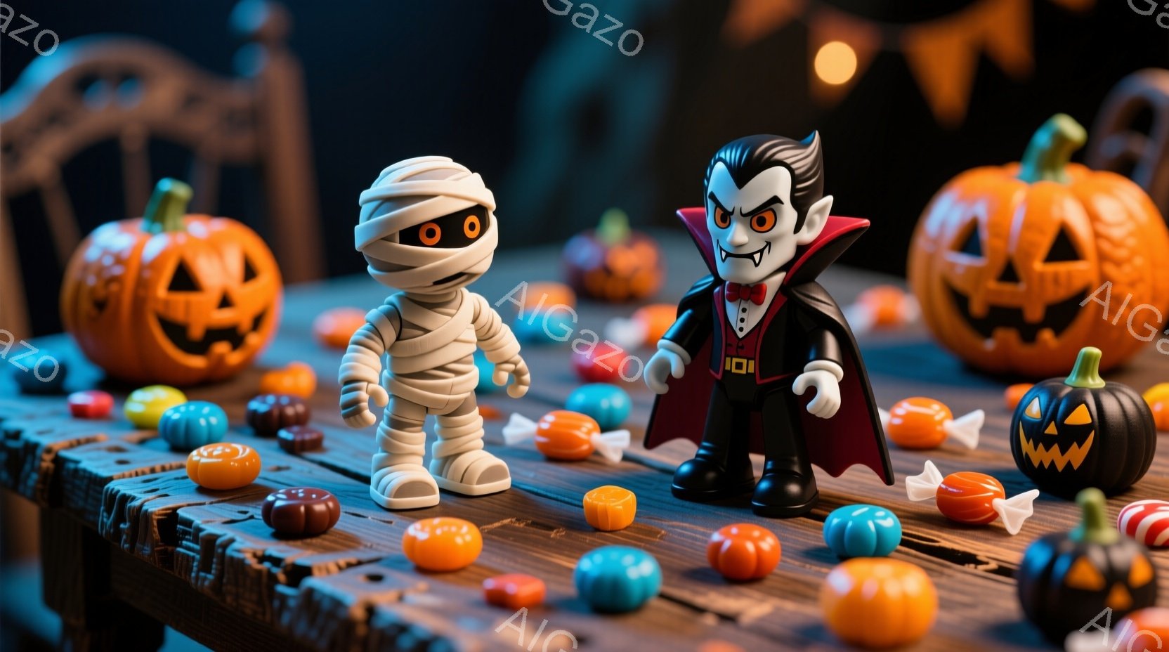 ハロウィーンをテーマにしたミニフィギュアが木製のテーブルに並んでいる。ミイラ男は包帯で全身が覆われ、大きな目が印象的である。背景には様々な大きさのジャック・オ・ランタンとカラフルなキャンディーが散りばめられており、お祭り騒ぎの雰囲気を醸し出している。