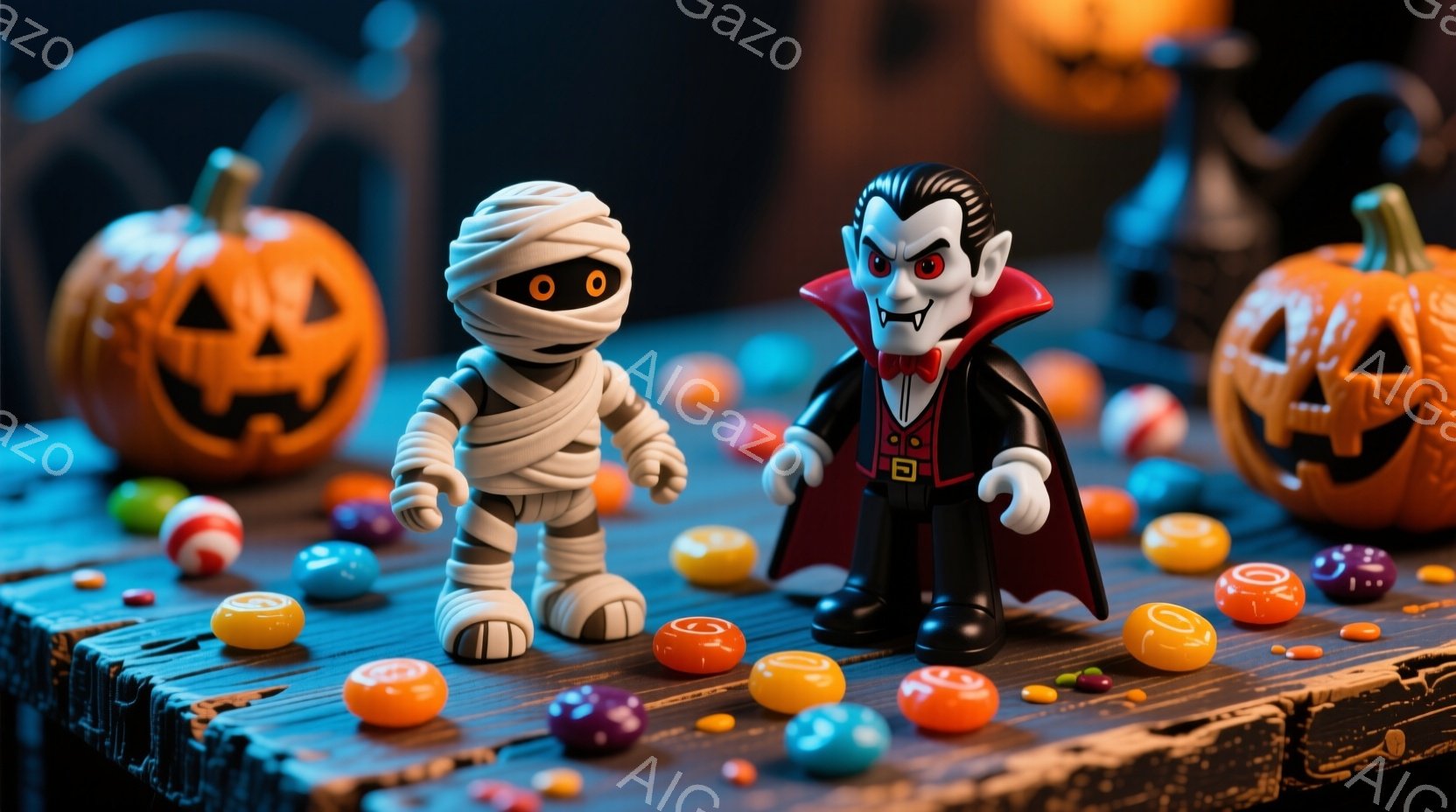 ハロウィーンの飾り付けがされたテーブルの上に、ミイラと吸血鬼のフィギュアが並んでいます。ミイラは全身を包帯で覆われ、吸血鬼は黒い髪、黒いマント、赤いベストを着ています。背景には、彫刻が施されたカボチャと、様々な色とりどりのキャンディーが散りばめられ、お祭り気分を盛り上げています。