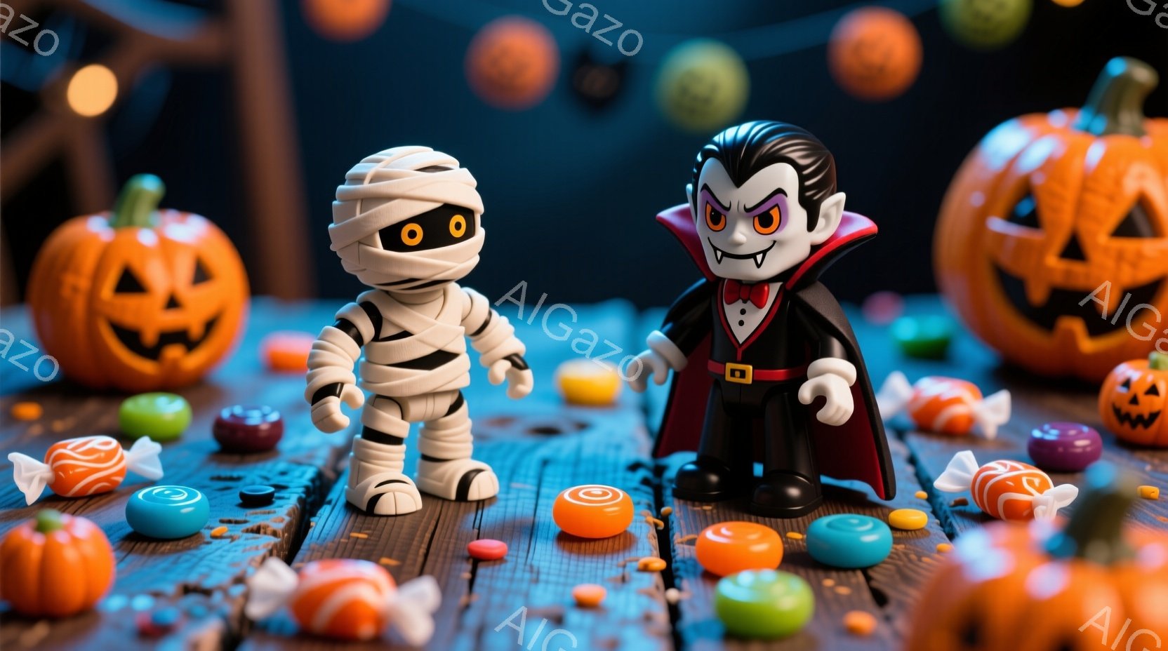 ミイラと吸血鬼のおもちゃが、ハロウィーンのキャンディーで覆われた木製の床の上に立っている。ミイラは包帯で覆われ、大きな黒い目で少し驚いた表情を浮かべている。背景には、さまざまな大きさのオレンジ色のカボチャが並び、お祝いの雰囲気を醸し出している。