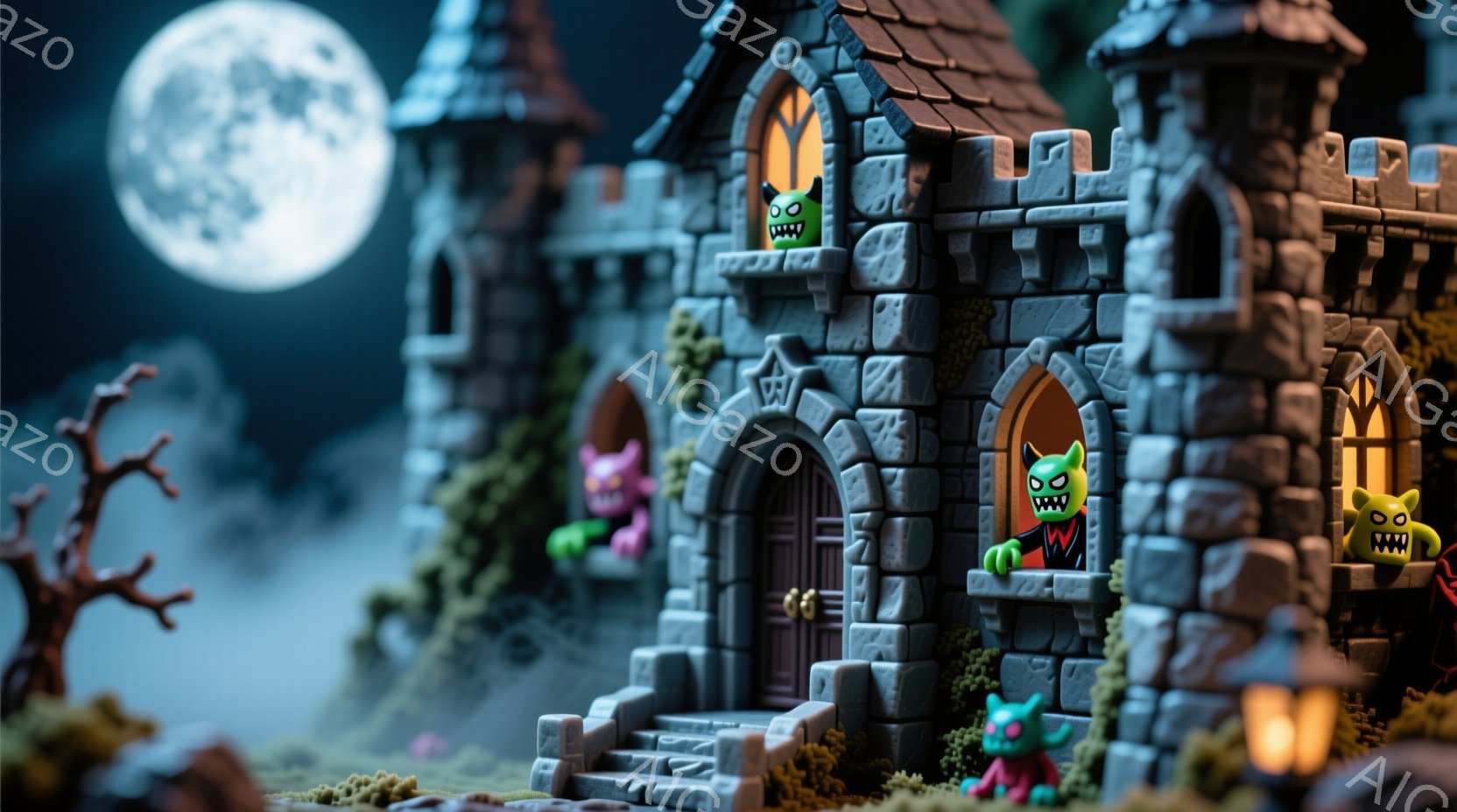 灰色の石造りの城が、緑豊かな芝生と植物に囲まれています。城の窓からは、緑やピンクの小さなモンスターたちが顔を覗かせ、楽しそうにしています。満月と霧が漂う背景は、どこか幻想的で、ハロウィーンのような雰囲 - AI生成フリー素材
