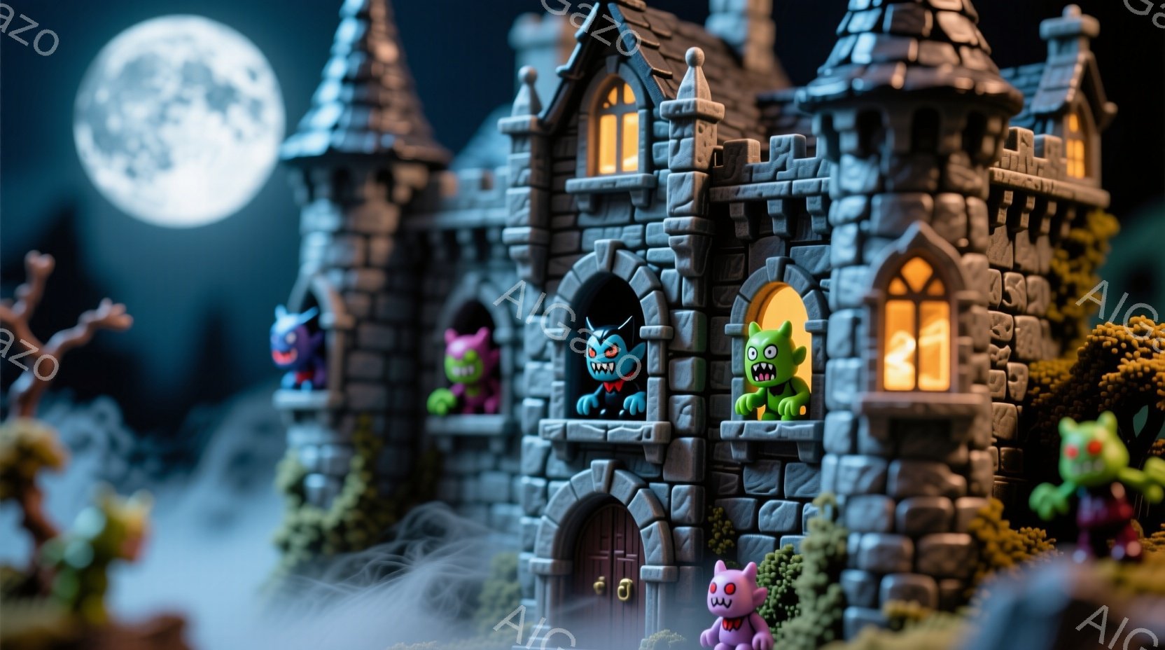 石造りの不気味な城が、満月を背景に立ち並んでいます。窓からは、さまざまな表情をした小さなモンスターたちが覗き込んでおり、ピンク色のモンスターは城の前に立っています。霧と枯れ木が城の周りを囲み、ハロウィンのようなおどろおどろしい雰囲気を醸し出しています。