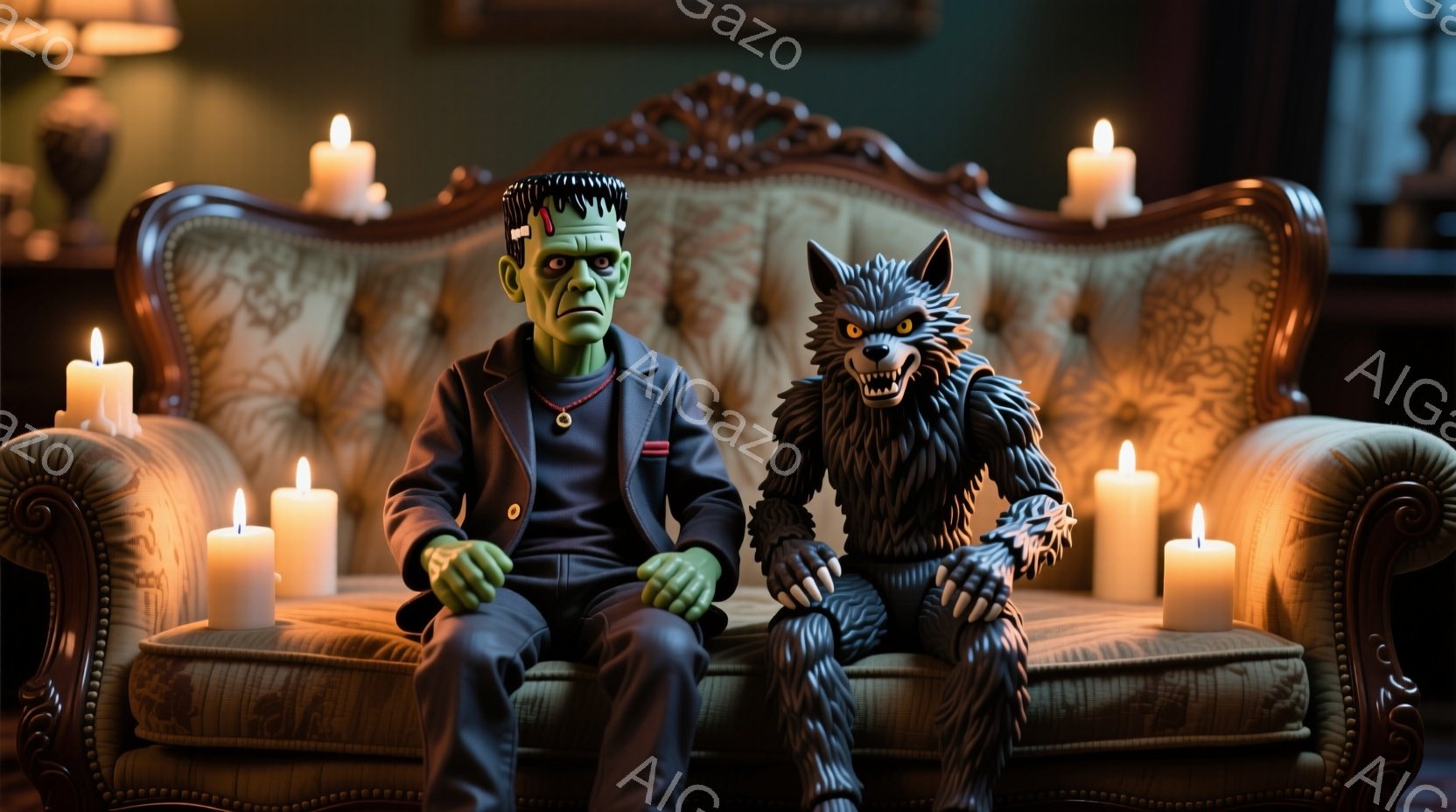 深緑色の肌のフランケンシュタインの怪物と、暗い灰色の狼男が、豪華な彫刻が施されたベルベットのソファに並んで座っている。フランケンシュタインは黒いスーツに白いシャツを着用し、狼男は毛深い全身黒の姿で、共に険しい表情をしている。背景にはキャンドルが置かれ、暗く神秘的な雰囲気を作り出している。