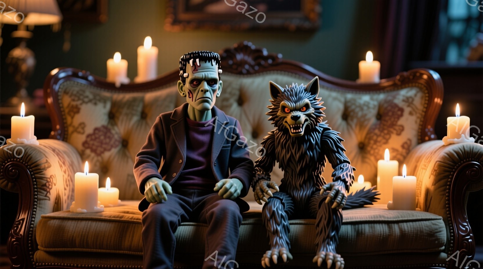 フランクensteinのモンスターと狼男が、豪華な模様のあるベルベットのソファに並んで座っています。モンスターは灰色の肌にボルトの付いた首、暗い髪型、憂鬱な表情をしています。背後には多くの点灯したキャンドルが置かれ、豪華な内装の部屋がぼやけて見え、全体的に不気味でミステリアスな雰囲気が漂っています。