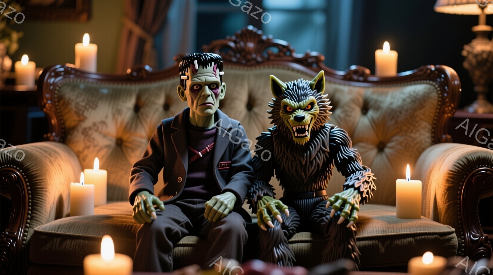 フランクensteinの怪物と狼男が、豪華なビクトリア朝風のソファに並んで座っています。怪物は黒いスーツに緑色の肌、特徴的な額の傷跡があり、狼男は茶色の毛並みと鋭い牙を見せています。背景にはキャンドル - AI生成フリー素材