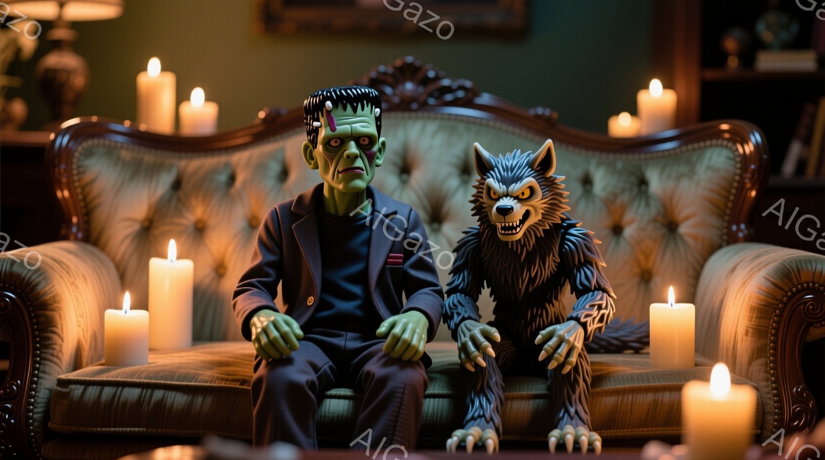 不気味な緑色のフランケンシュタインの怪物と、毛むくじゃらの狼男が、豪華なベルベットのソファに並んで座っています。フランケンシュタインは黒いスーツを着て、憂鬱そうな表情をしています。背景にはキャンドルが灯り、アンティーク調の家具が並び、全体的に不気味でゴシックな雰囲気を醸し出しています。