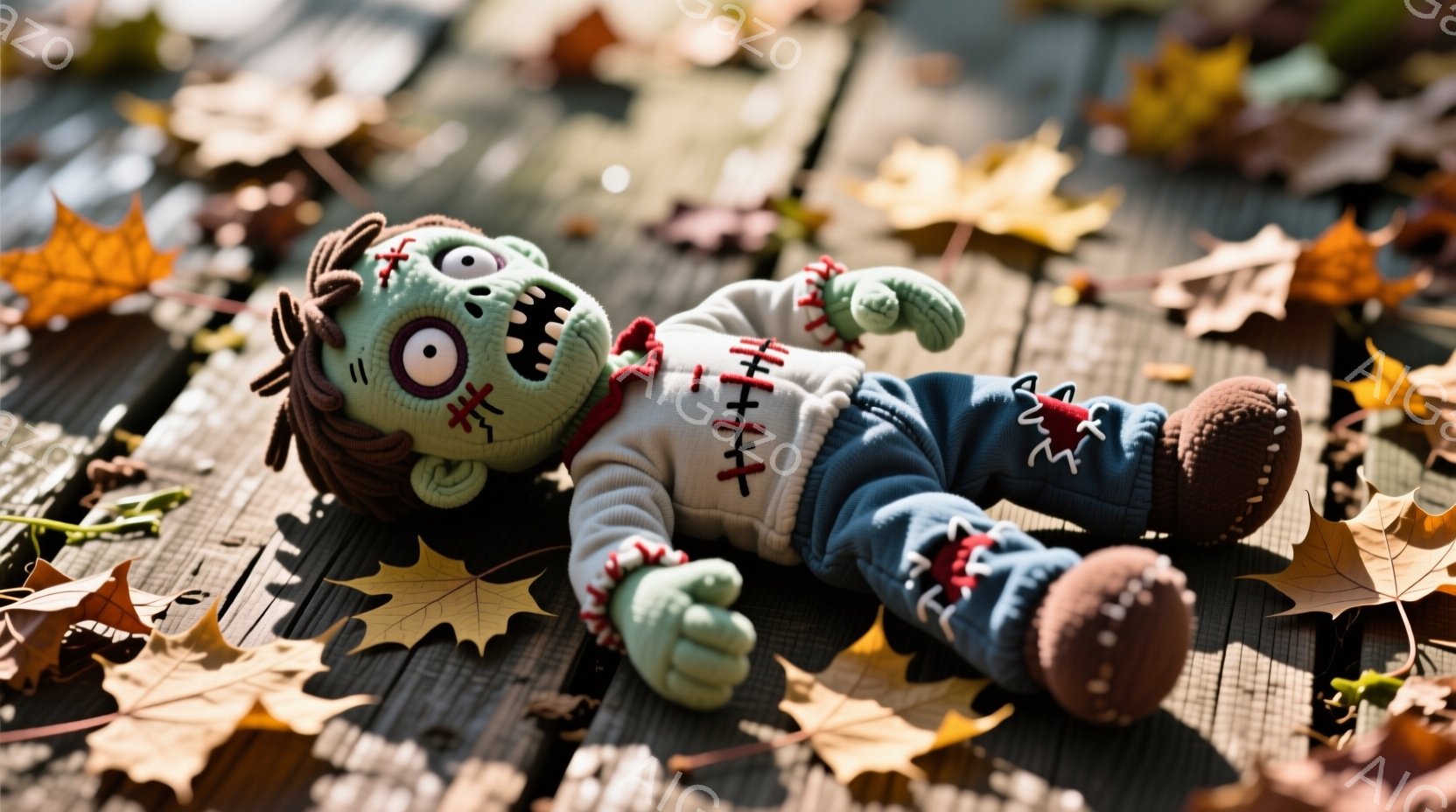 不気味な縫いぐるみのモンスターが、木製のデッキの上に横たわっています。緑色の肌、赤い髪、縫い付けられた傷跡が特徴的で、青いズボンと灰色の靴を履いています。周囲には紅葉の葉が散りばめられ、秋の寂しげな雰 - AI生成フリー素材