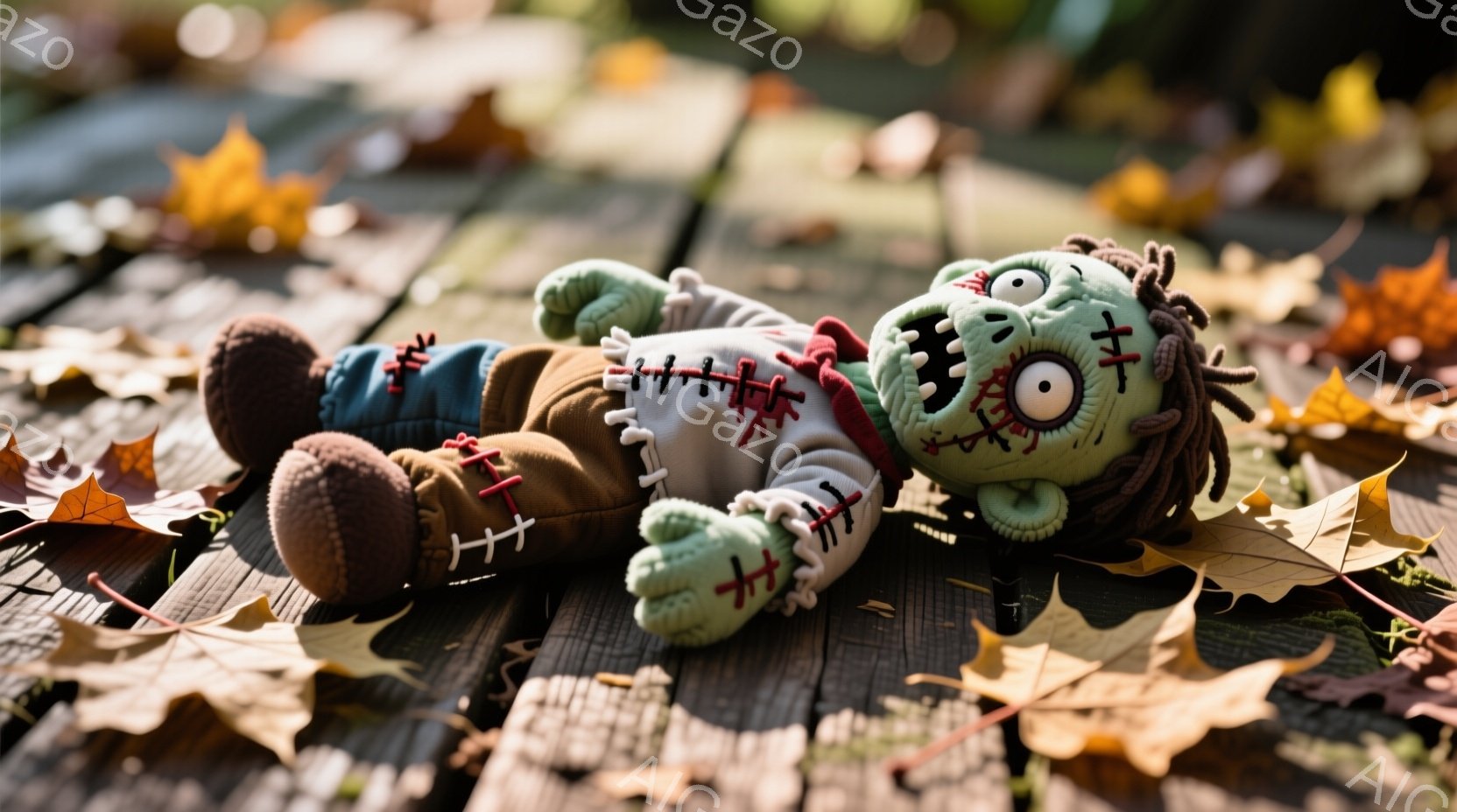 緑色の肌をした、縫い目だらけのモンスターのぬいぐるみがおもちゃの木製の板の上に横たわっています。茶色の髪は乱れており、大きなボタンの目と笑っている口が特徴的です。背景には、落ち葉が散らばり、秋の穏やかで少し不気味な雰囲気を醸し出しています。