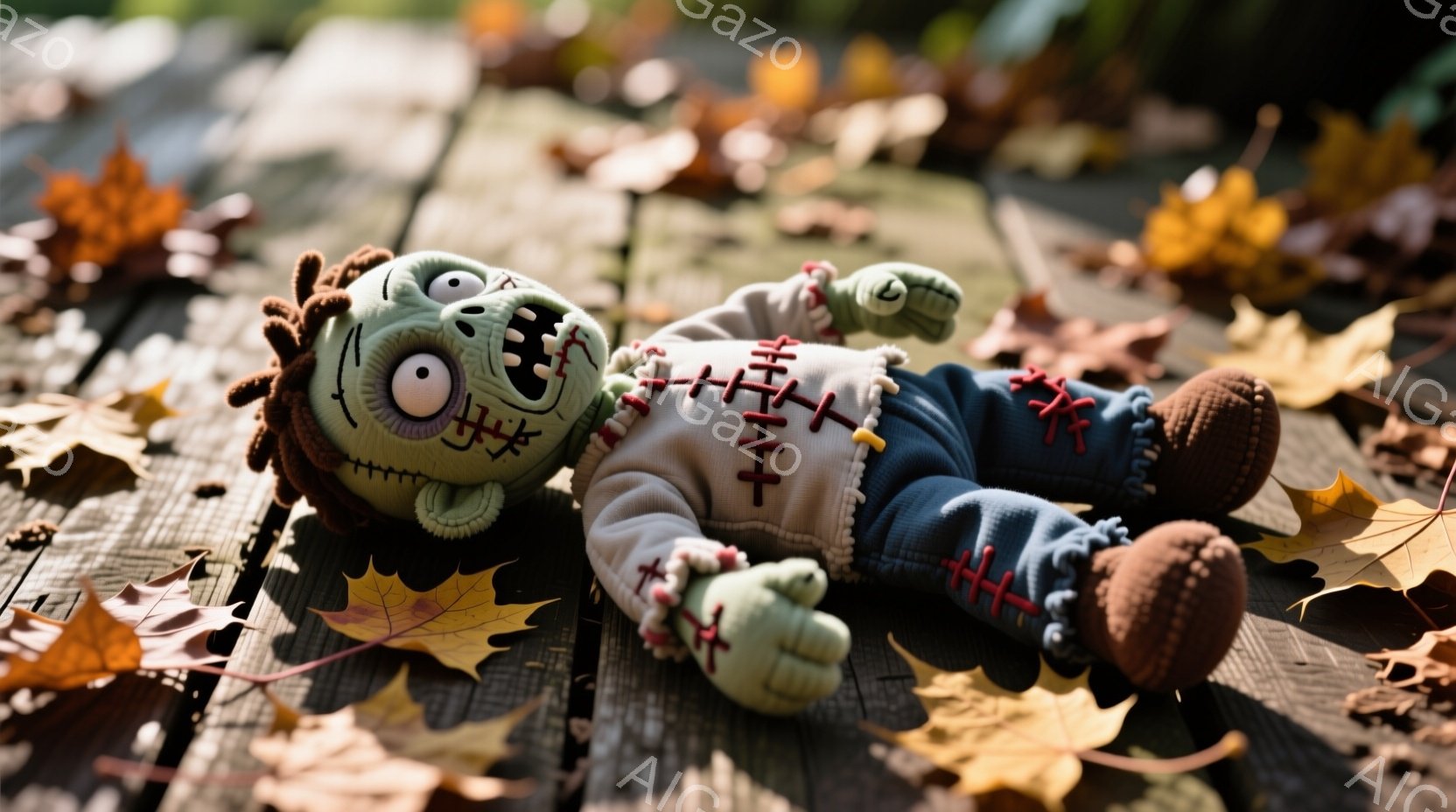 緑色の肌をした、縫い目のついたおもちゃのゾンビが、木製のデッキの上に横たわっています。青いオーバーオールと縞模様のシャツを着ており、髪の毛は緑色のボサボサとしたカールヘアです。周りには落ち葉が散らばり、秋の静かな雰囲気を醸し出しています。