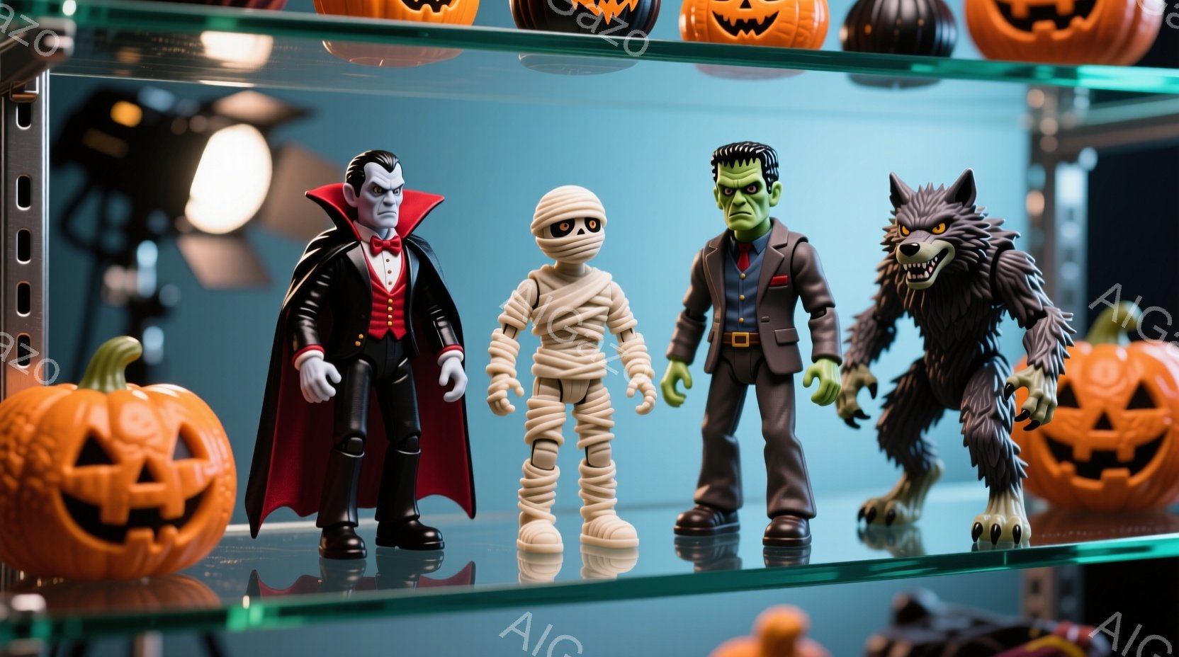 ハロウィーンをテーマにしたおもちゃのフィギュアが棚に並んでいる。吸血鬼、ミイラ、フランケンシュタイン、狼男がそれぞれフォーマルな服装で立っており、背景にはオレンジ色のジャック・オー・ランタンが並んでいる。全体的にハロウィーンの楽しげな雰囲気で、おもちゃの反射が棚の光沢のある表面に見られる。