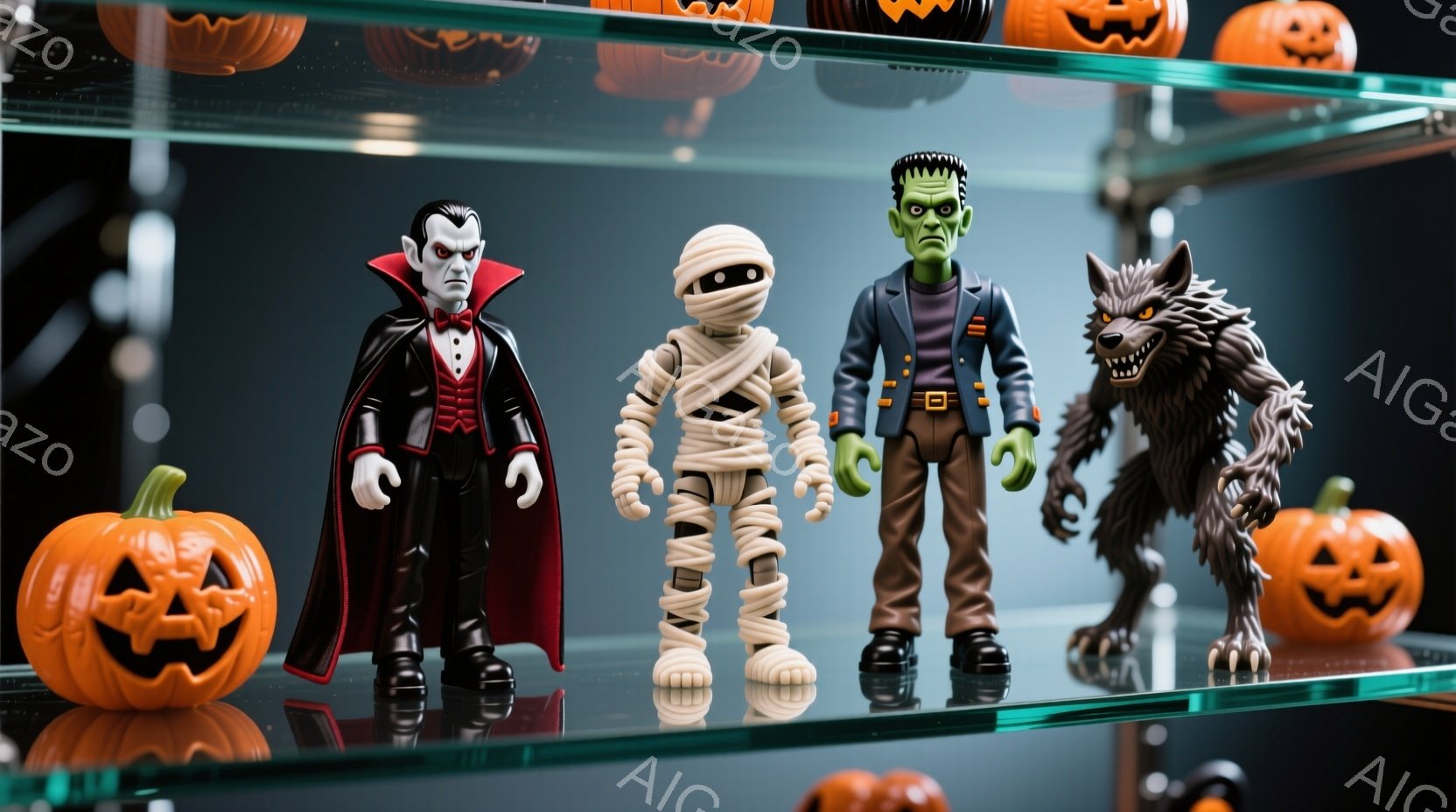 ガラス棚の上に、ドラキュラ、ミイラ、狼男のフィギュアが並べられています。ドラキュラは黒いマントと赤いシャツを着ており、ミイラは包帯で全身が覆われ、狼男は毛むくじゃらの姿で立っています。オレンジ色のカボチャがフィギュアの周りに配置されており、ハロウィーンの雰囲気を感じさせます。