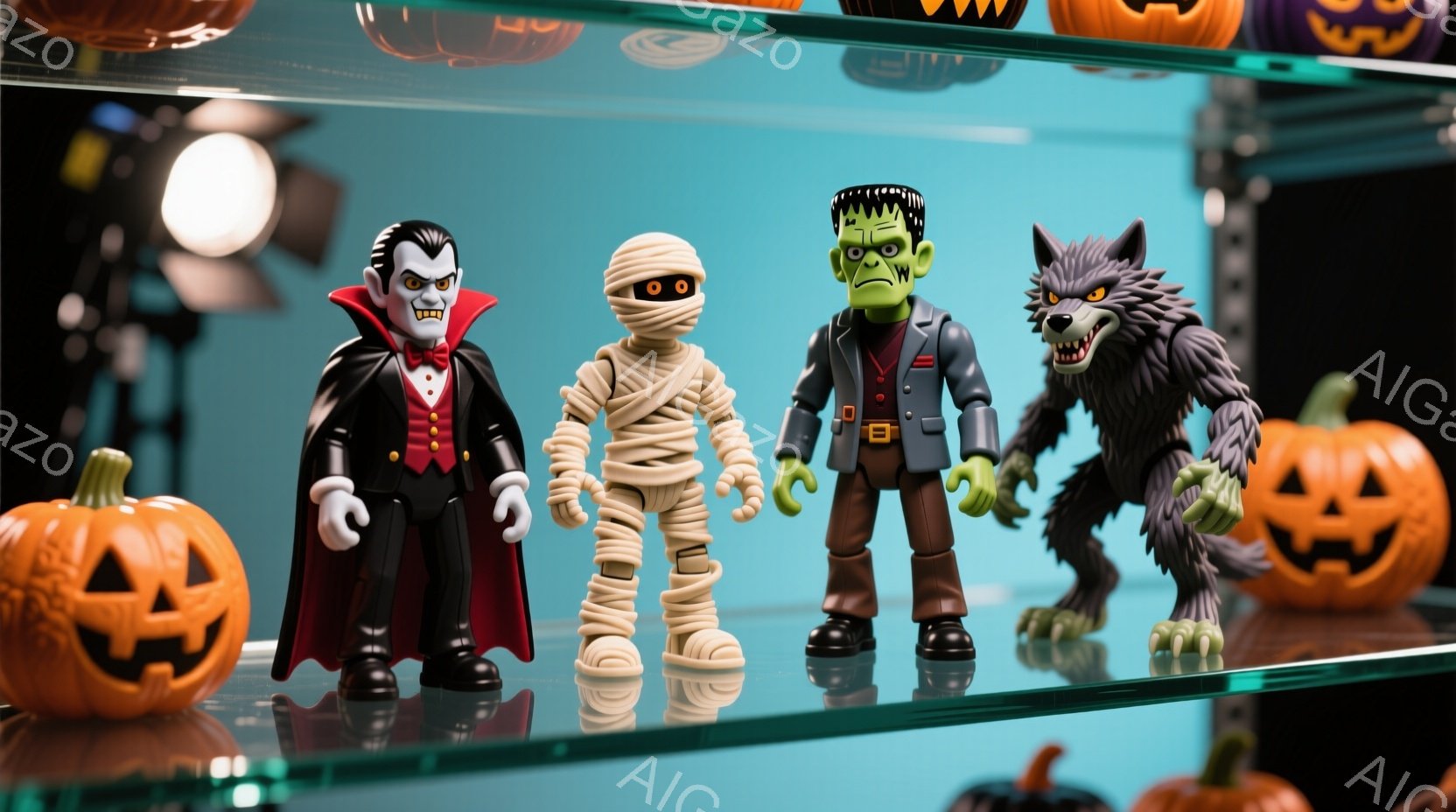 鮮やかなターコイズ色の棚の上に、ドラキュラ、ミイラ、フランケンシュタイン、狼男のフィギュアが並べられています。それぞれのフィギュアは、ハロウィーンを象徴する衣装を着ており、ドラキュラは黒いスーツと赤いマント、ミイラは包帯、フランケンシュタインはスーツ、狼男は毛皮で覆われています。背景には、ハロウィーンの飾りであるカボチャが散りばめられており、お祝いムードを醸し出しています。